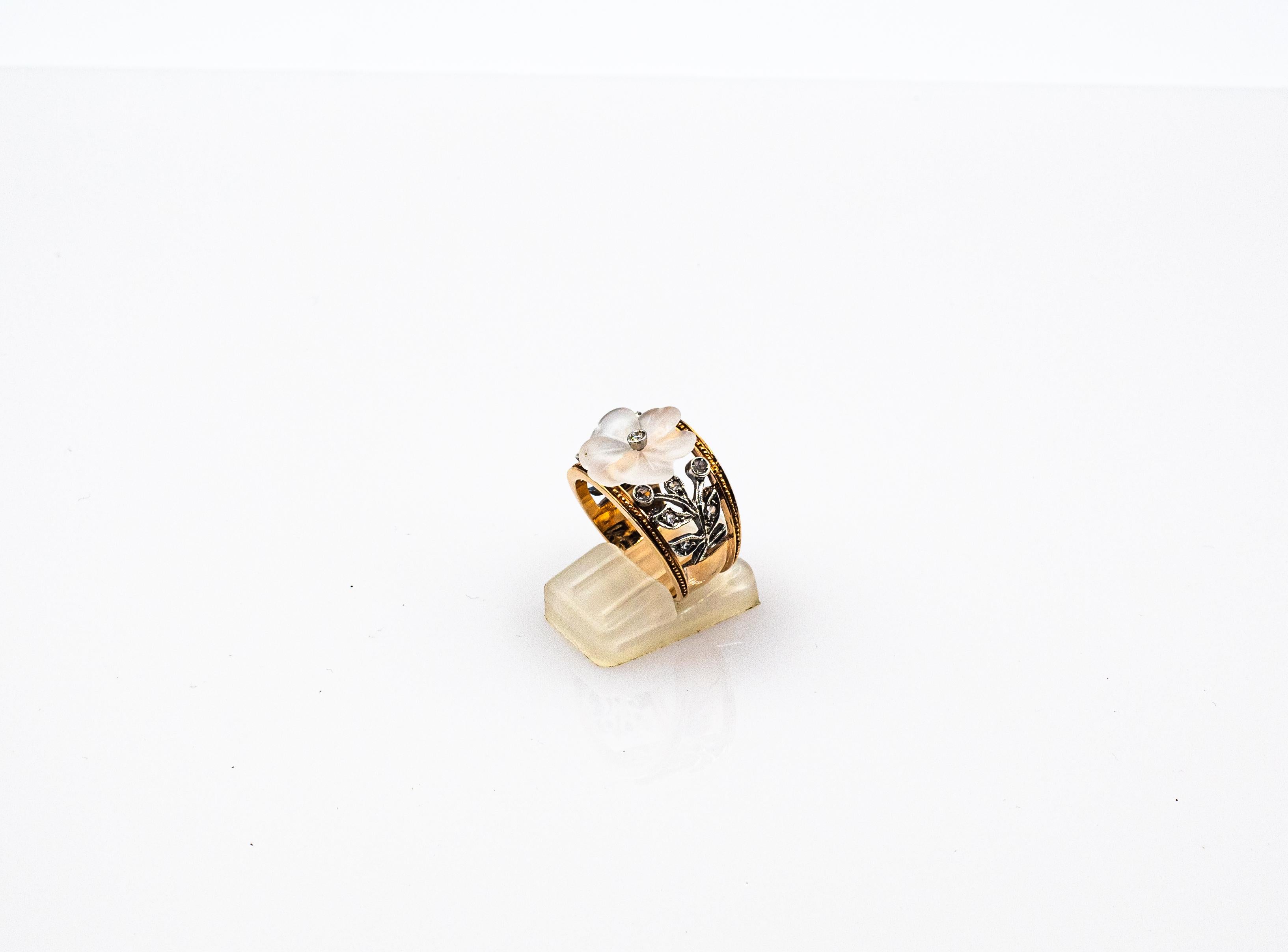 Art Nouveau Style White Rose Cut Diamond Rock Crystal Yellow Gold Cocktail Ring 1