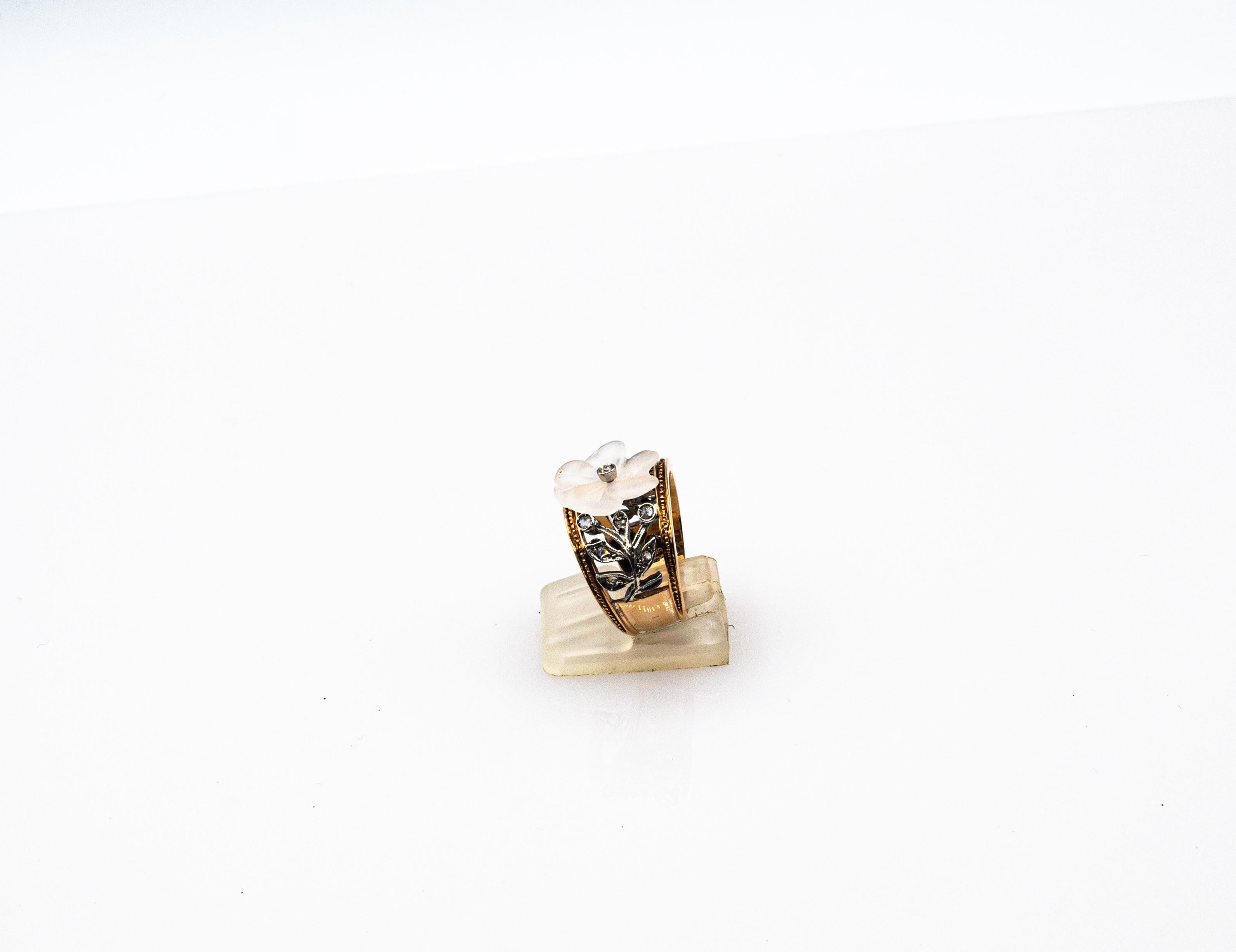 Bague de cocktail en or jaune, diamant blanc taillé en rose et cristal de roche, style Art Nouveau Unisexe en vente