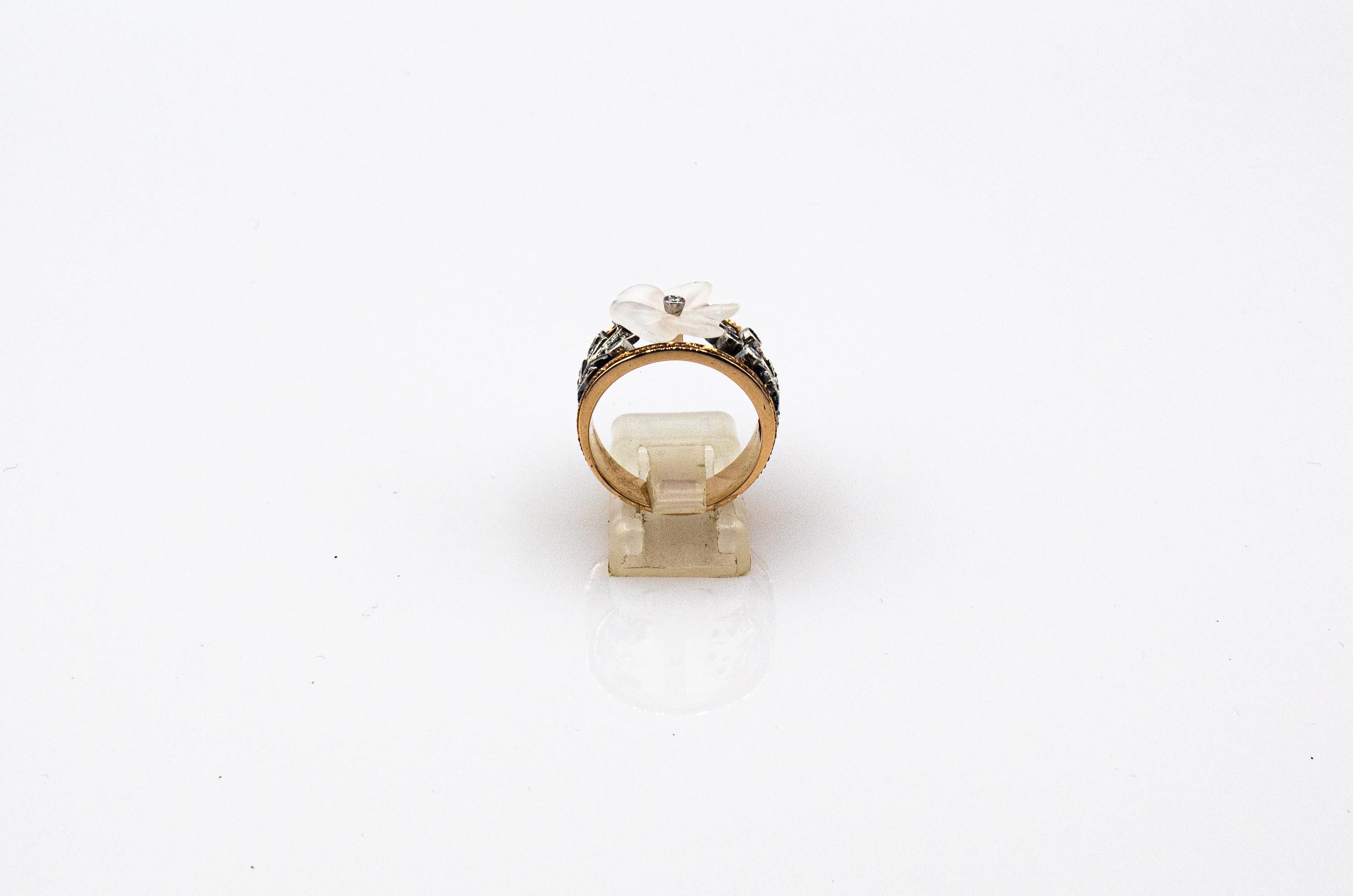 Art Nouveau Style White Rose Cut Diamond Rock Crystal Yellow Gold Cocktail Ring For Sale 3