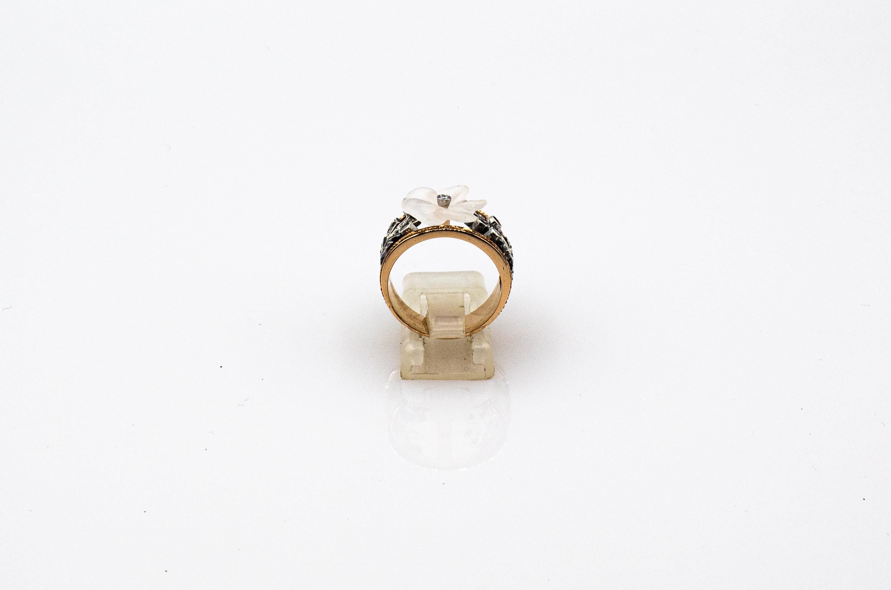 Bague de cocktail en or jaune, diamant blanc taillé en rose et cristal de roche, style Art Nouveau en vente 1