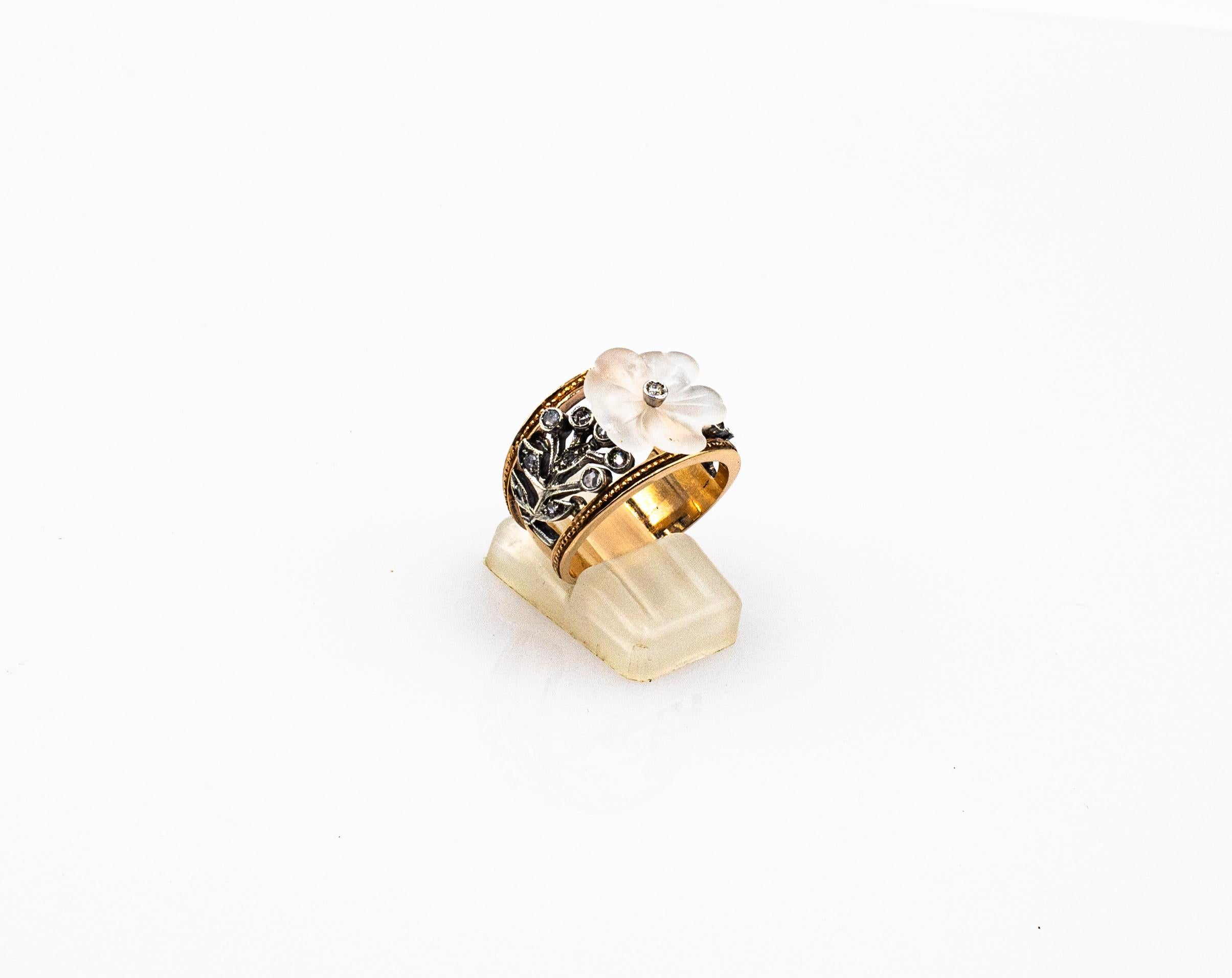 Art Nouveau Style White Rose Cut Diamond Rock Crystal Yellow Gold Cocktail Ring For Sale 4