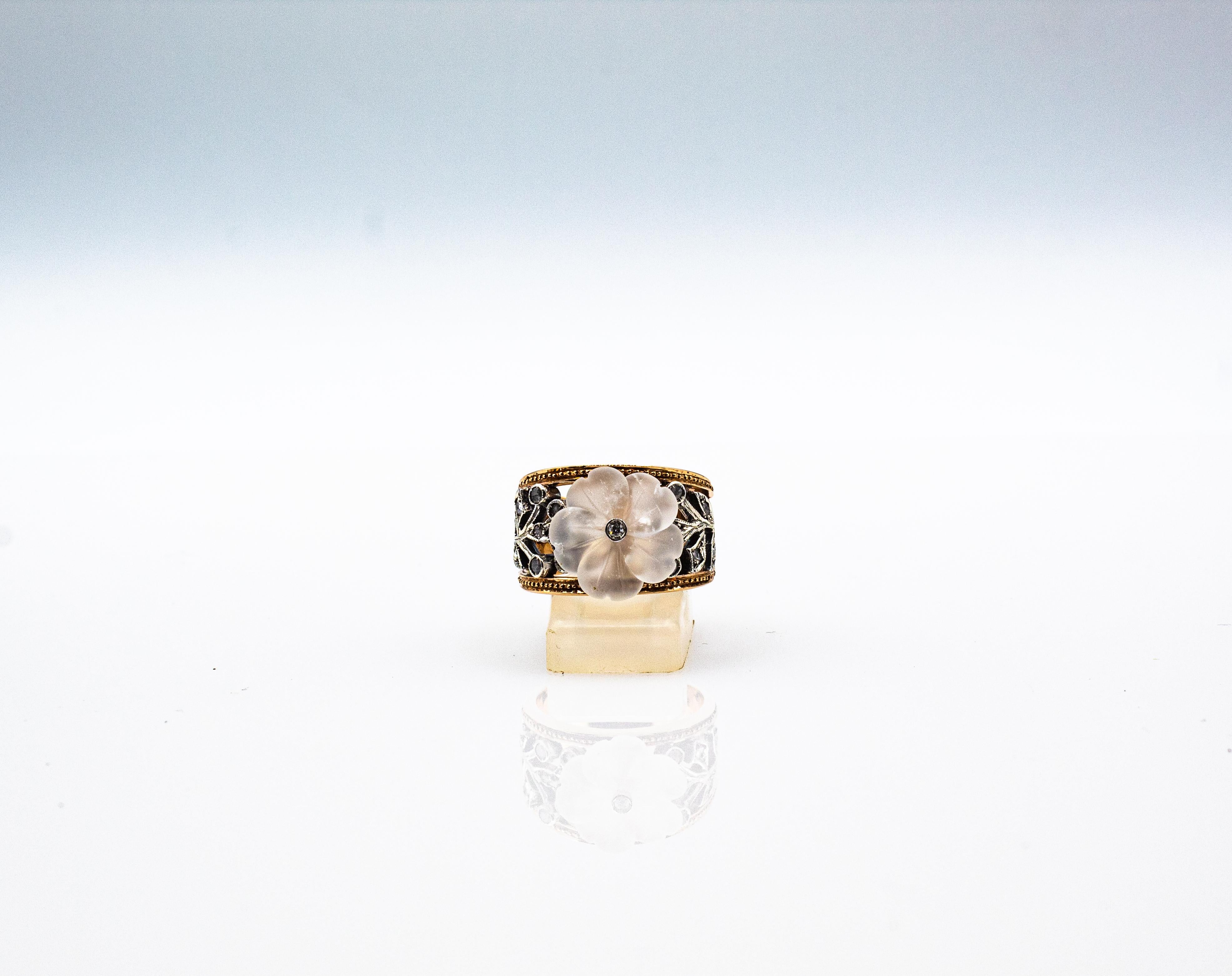 Bague de cocktail en or jaune, diamant blanc taillé en rose et cristal de roche, style Art Nouveau en vente 3
