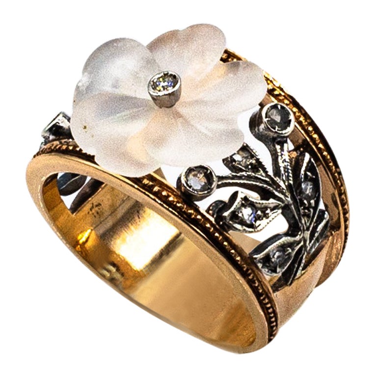 Art Nouveau Style White Rose Cut Diamond Rock Crystal Yellow Gold Cocktail Ring For Sale