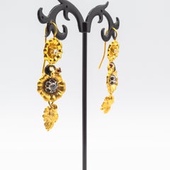 Art Nouveau Style White Rose Cut Diamond Ruby Yellow Gold "Flowers" Earrings