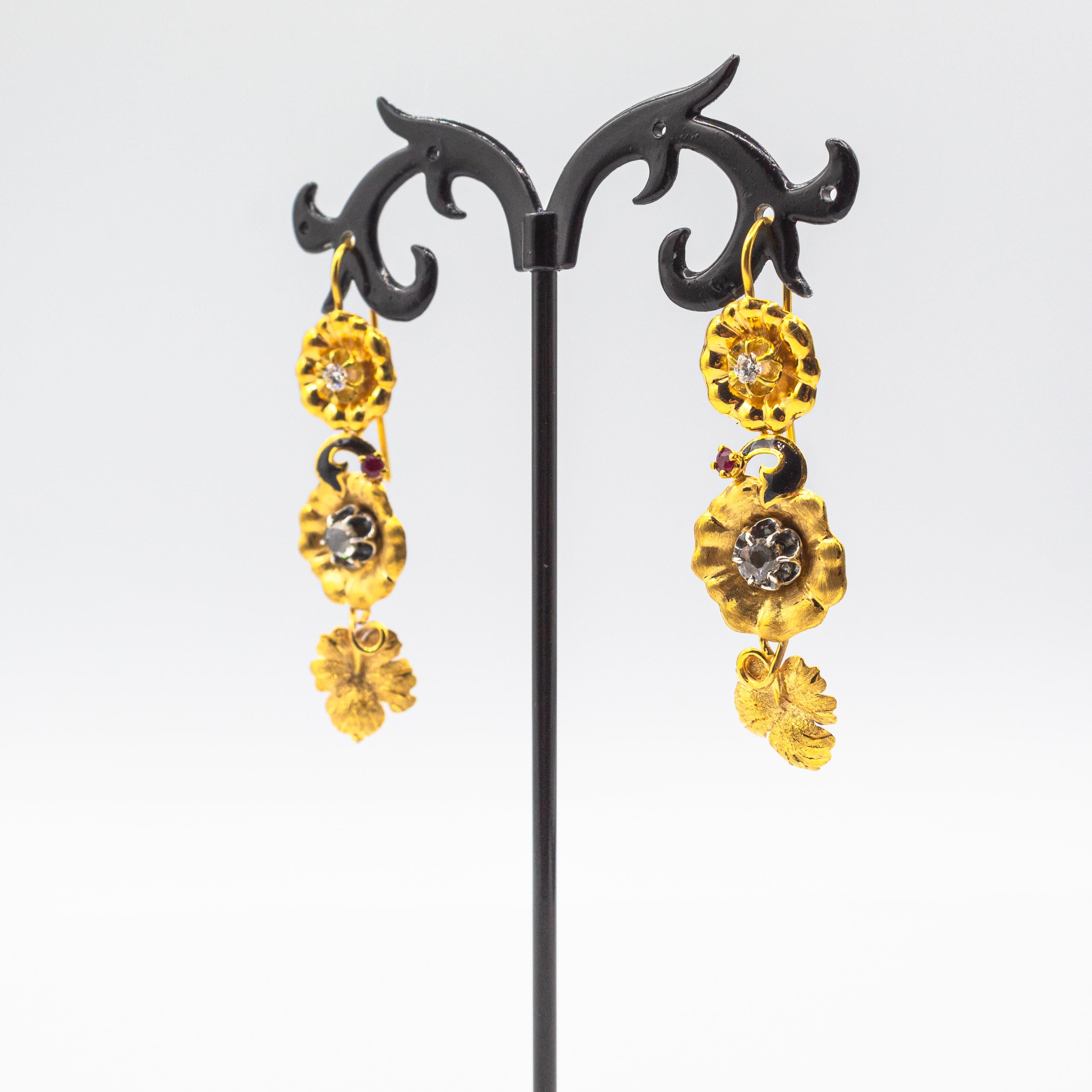 Art Nouveau Style White Rose Cut Diamond Ruby Yellow Gold 