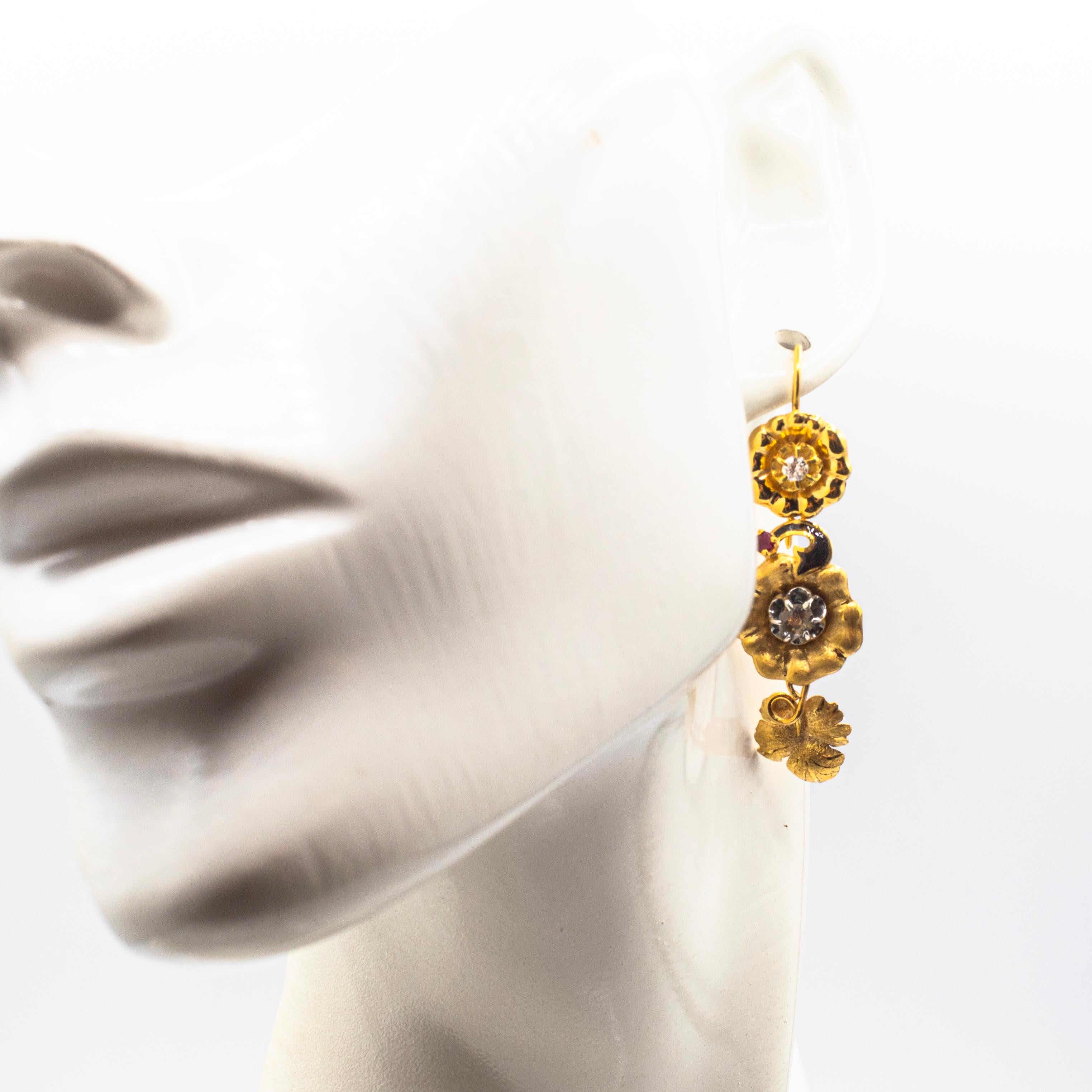 Women's or Men's Art Nouveau Style White Rose Cut Diamond Ruby Yellow Gold 