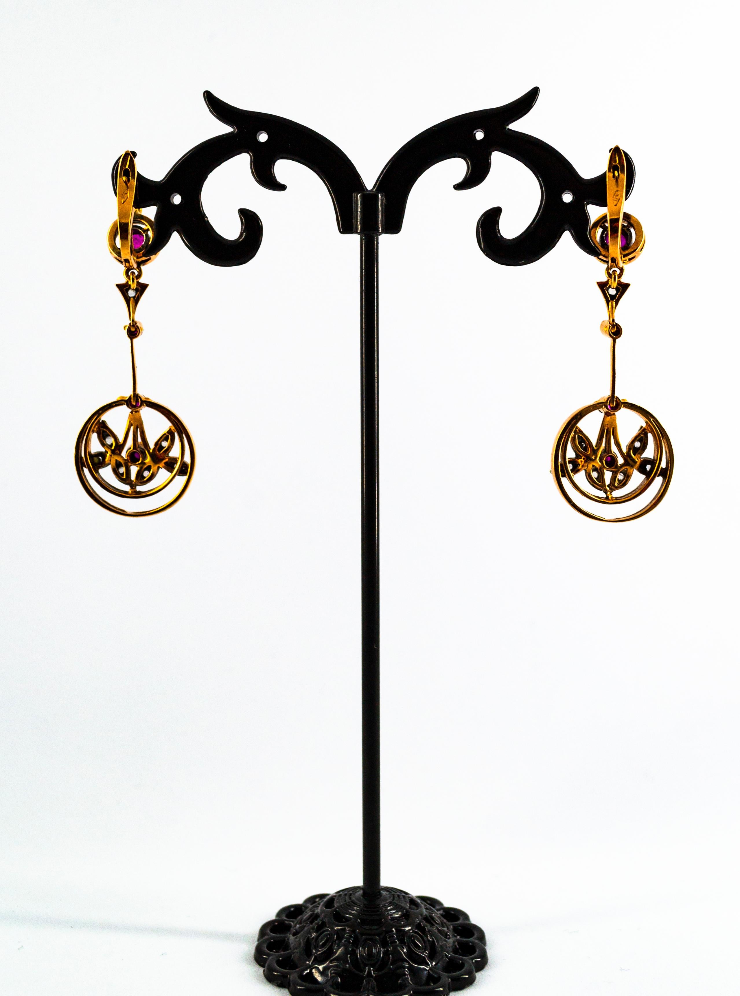 Women's or Men's Art Nouveau Style White Rose Cut Diamond Ruby Yellow Gold Lever-Back Earrings For Sale