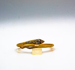 Art Nouveau Style White Rose Cut Diamond Ruby Yellow Gold Snake Bangle Bracelet