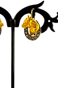 Art Nouveau Style White Rose Cut Diamond Yellow Gold Dangle "Horses" Earrings