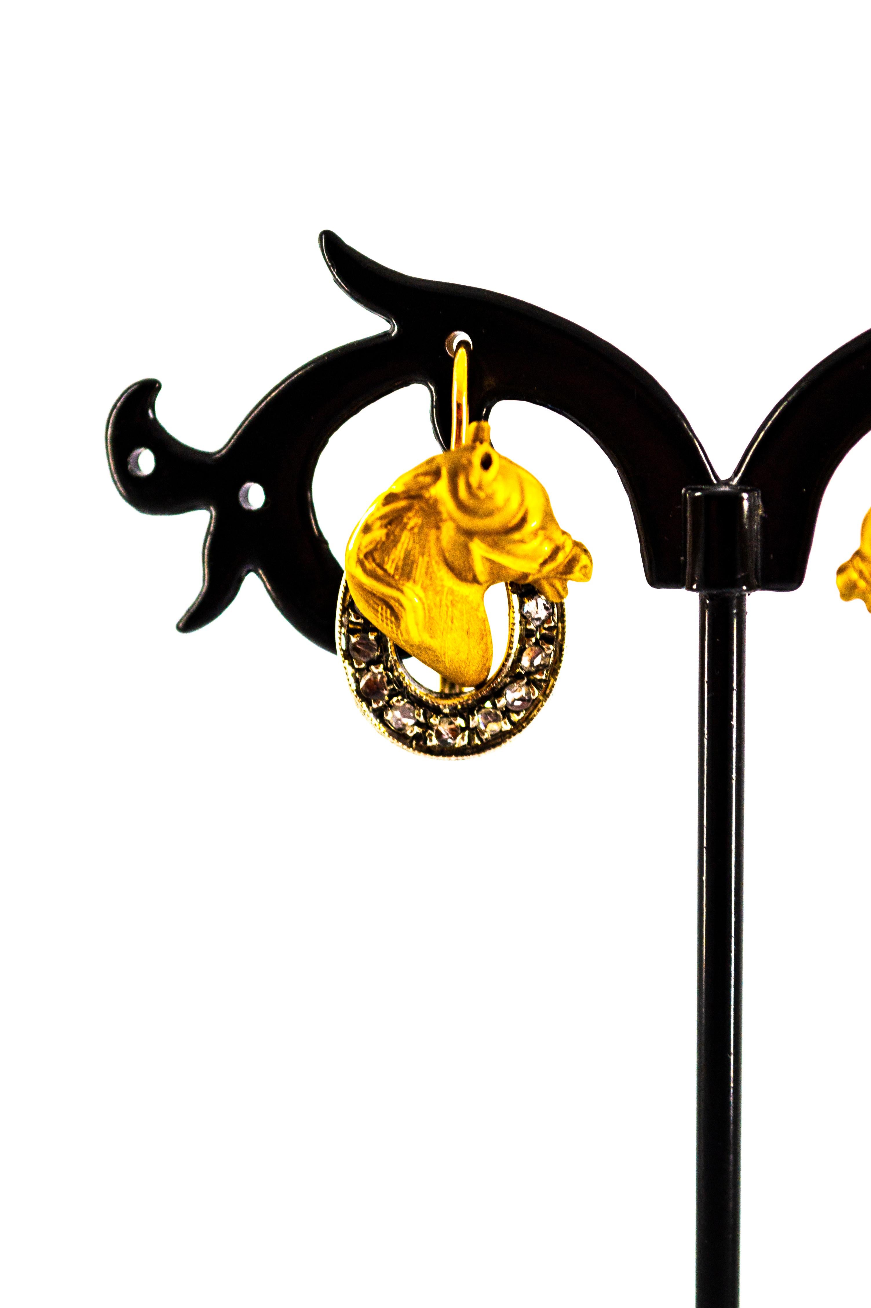 Gelbgold-Ohrringe „Horses“ im Jugendstil mit weißen Diamanten im Rosenschliff (Art nouveau)