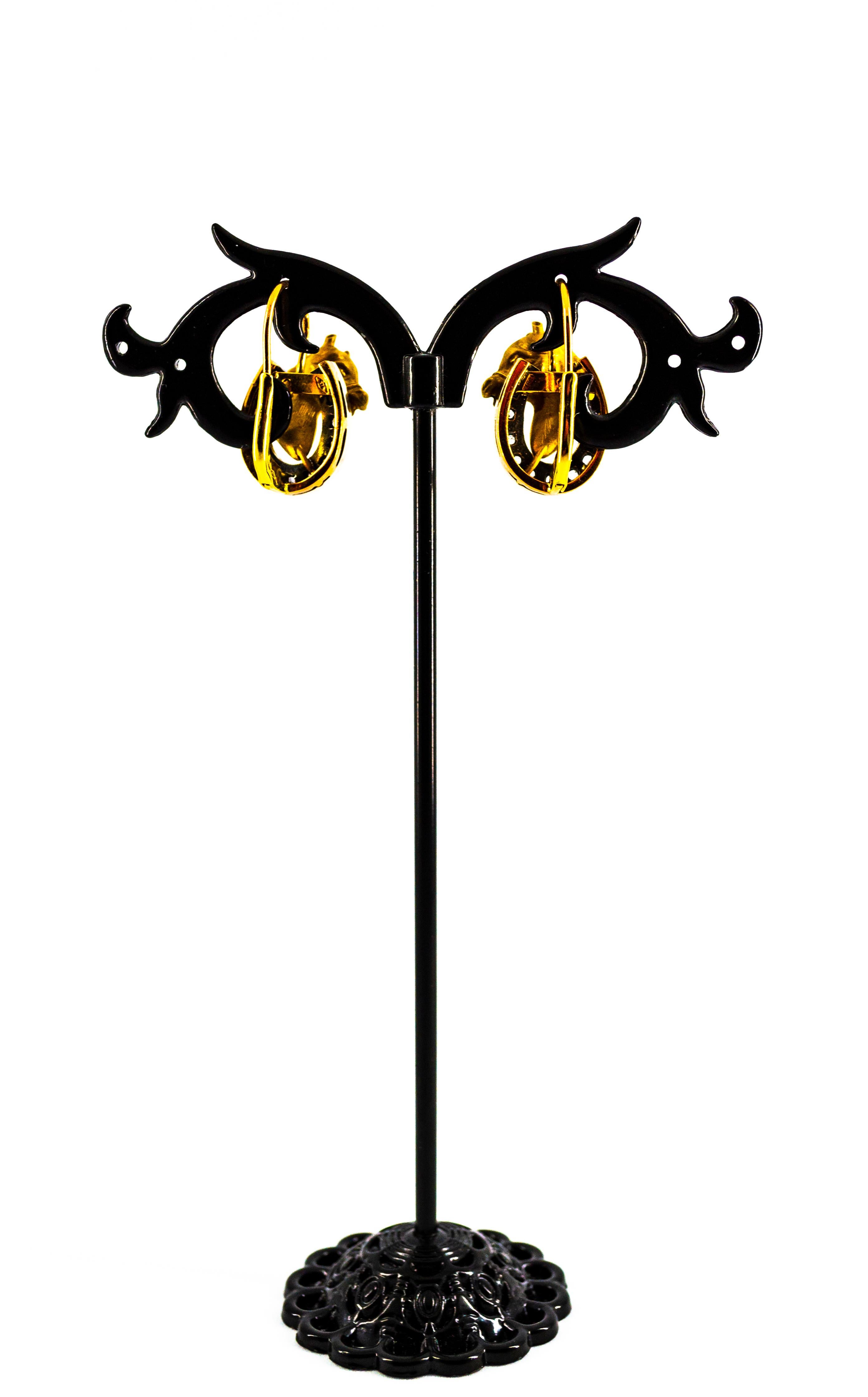 Gelbgold-Ohrringe „Horses“ im Jugendstil mit weißen Diamanten im Rosenschliff für Damen oder Herren
