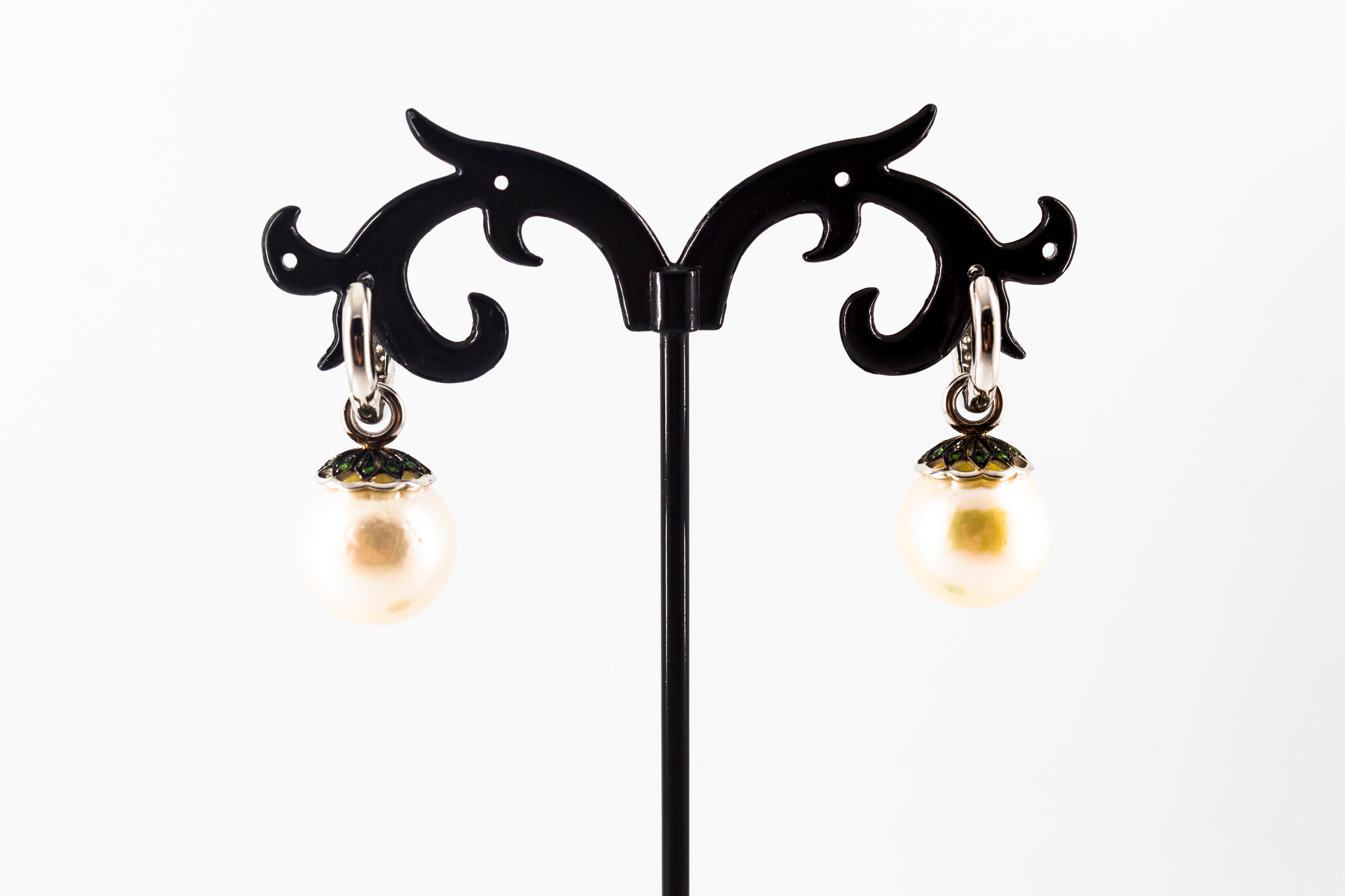 Art Nouveau Style White Zircon Tsavorite Pearl White Gold Plate Dangle Earrings For Sale 6