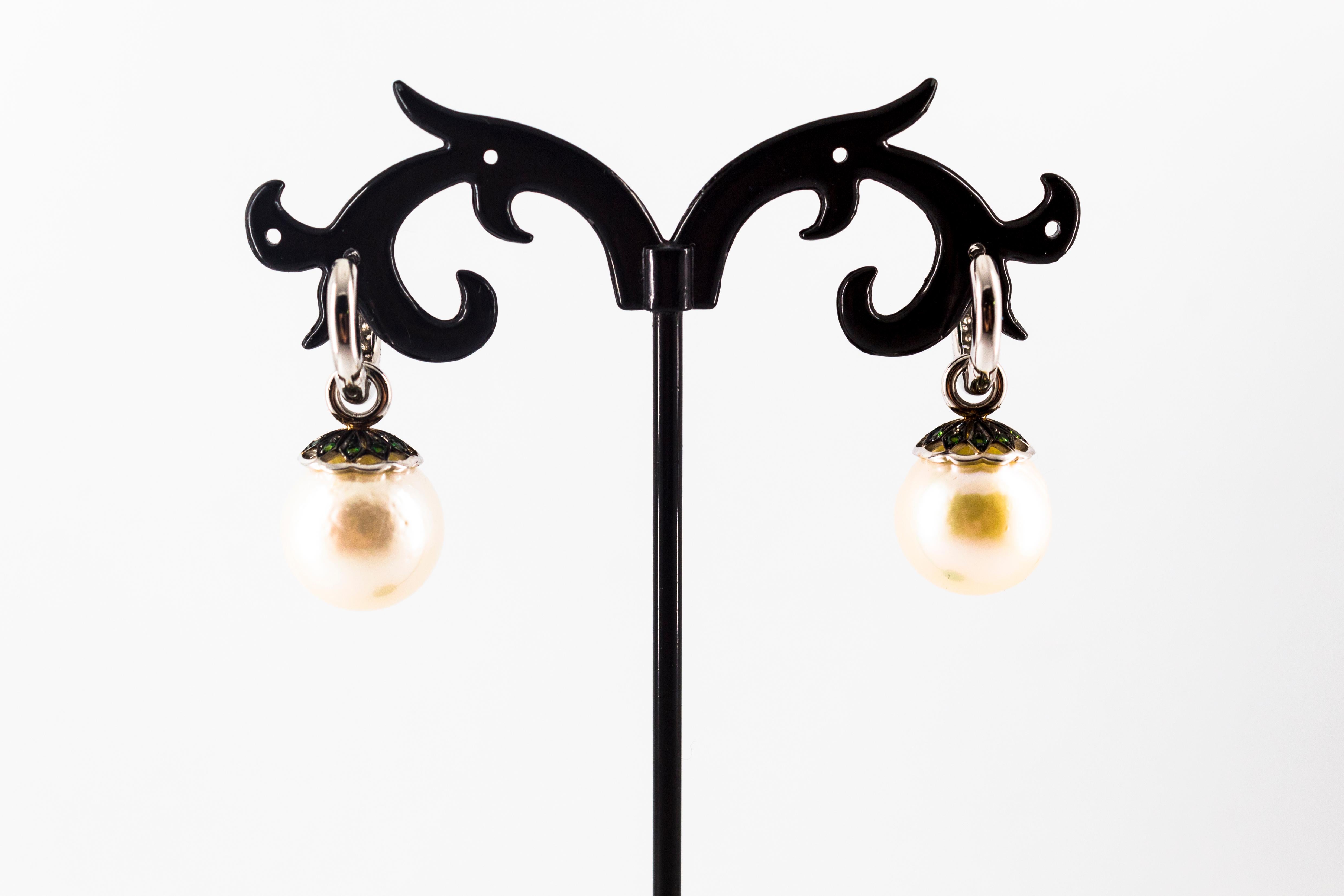 Art Nouveau Style White Zircon Tsavorite Pearl White Gold Plate Dangle Earrings For Sale 7