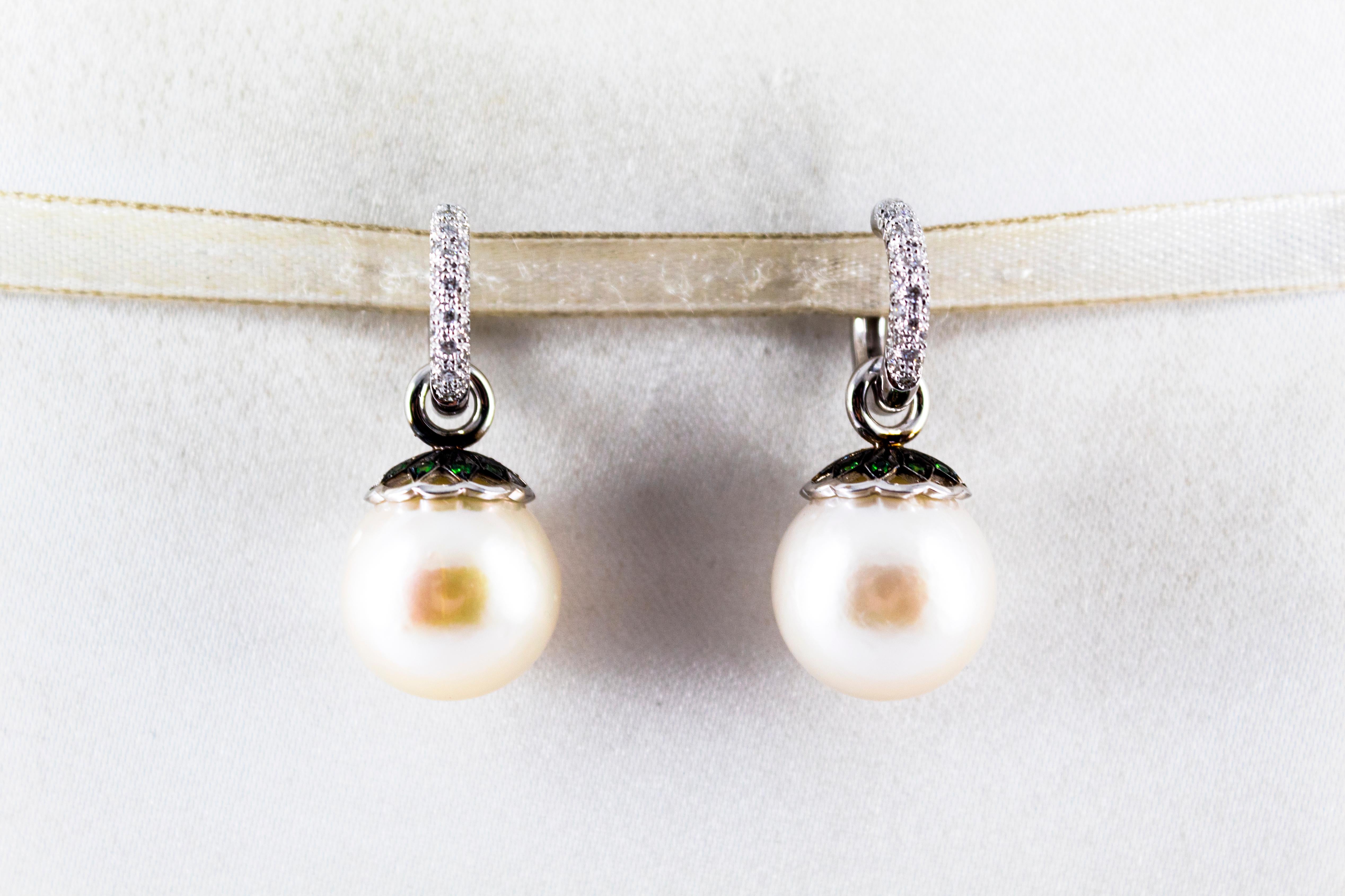 Brilliant Cut Art Nouveau Style White Zircon Tsavorite Pearl White Gold Plate Dangle Earrings For Sale