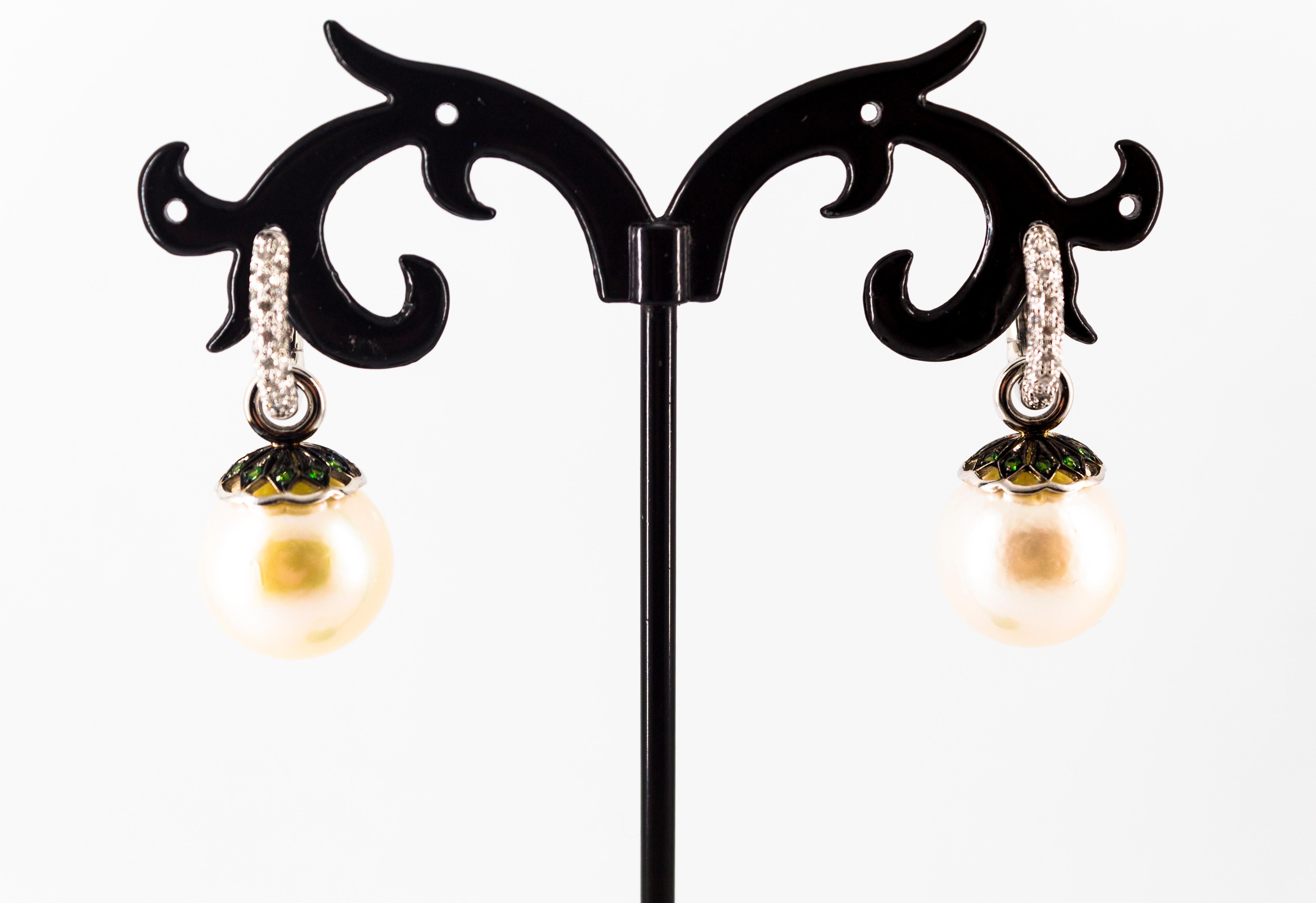 Art Nouveau Style White Zircon Tsavorite Pearl White Gold Plate Dangle Earrings For Sale 3
