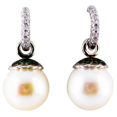 Pendants d'oreilles de style Art Nouveau en or blanc, zircon blanc, tsavorite et perle