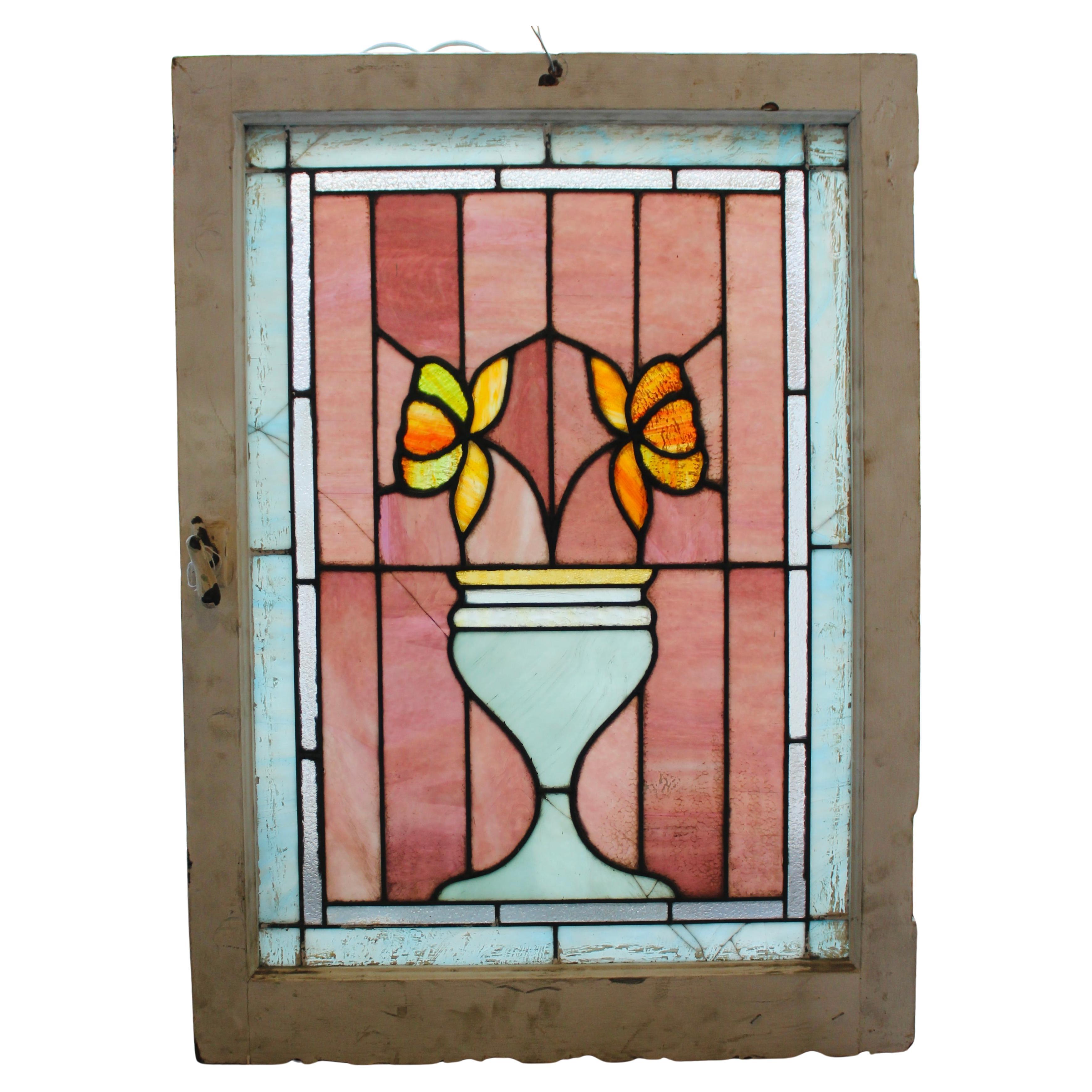 Art Nouveau  Style Window w/ Vase of Flowers 24" x 32" For Sale