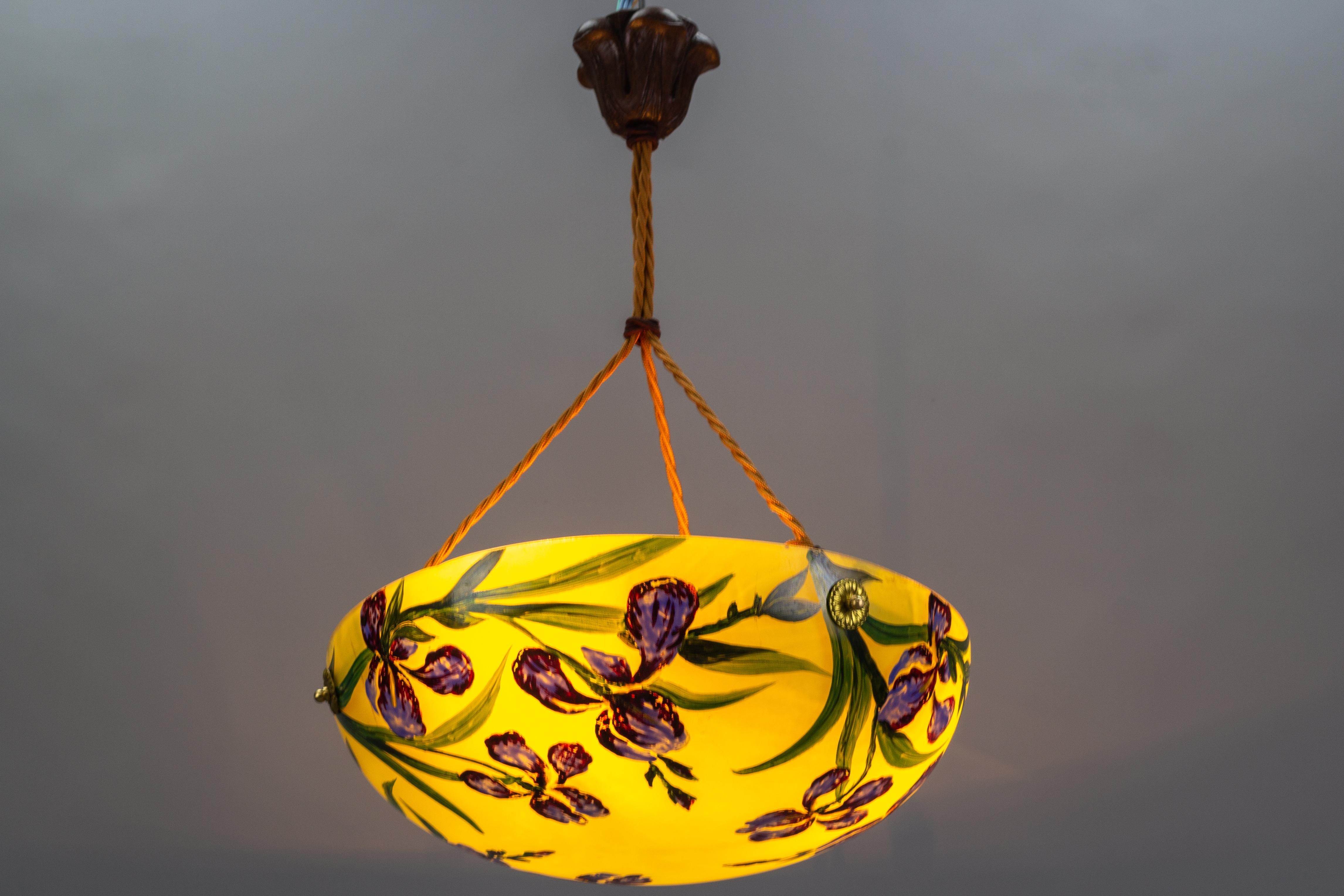Art Nouveau Style Yellow Glass Pendant Light with Painted Blue Iris Flowers 4