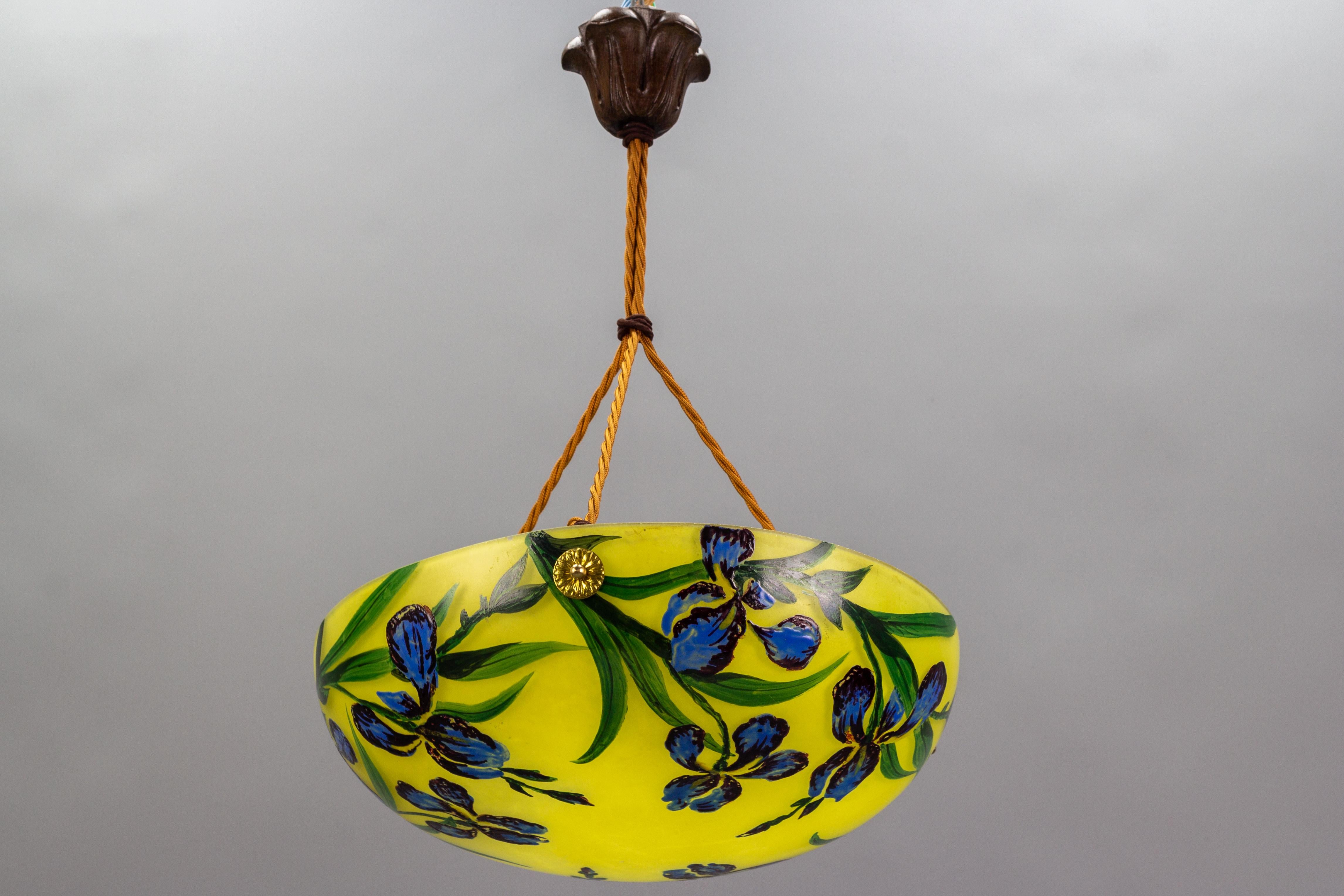 Art Nouveau Style Yellow Glass Pendant Light with Painted Blue Iris Flowers 5