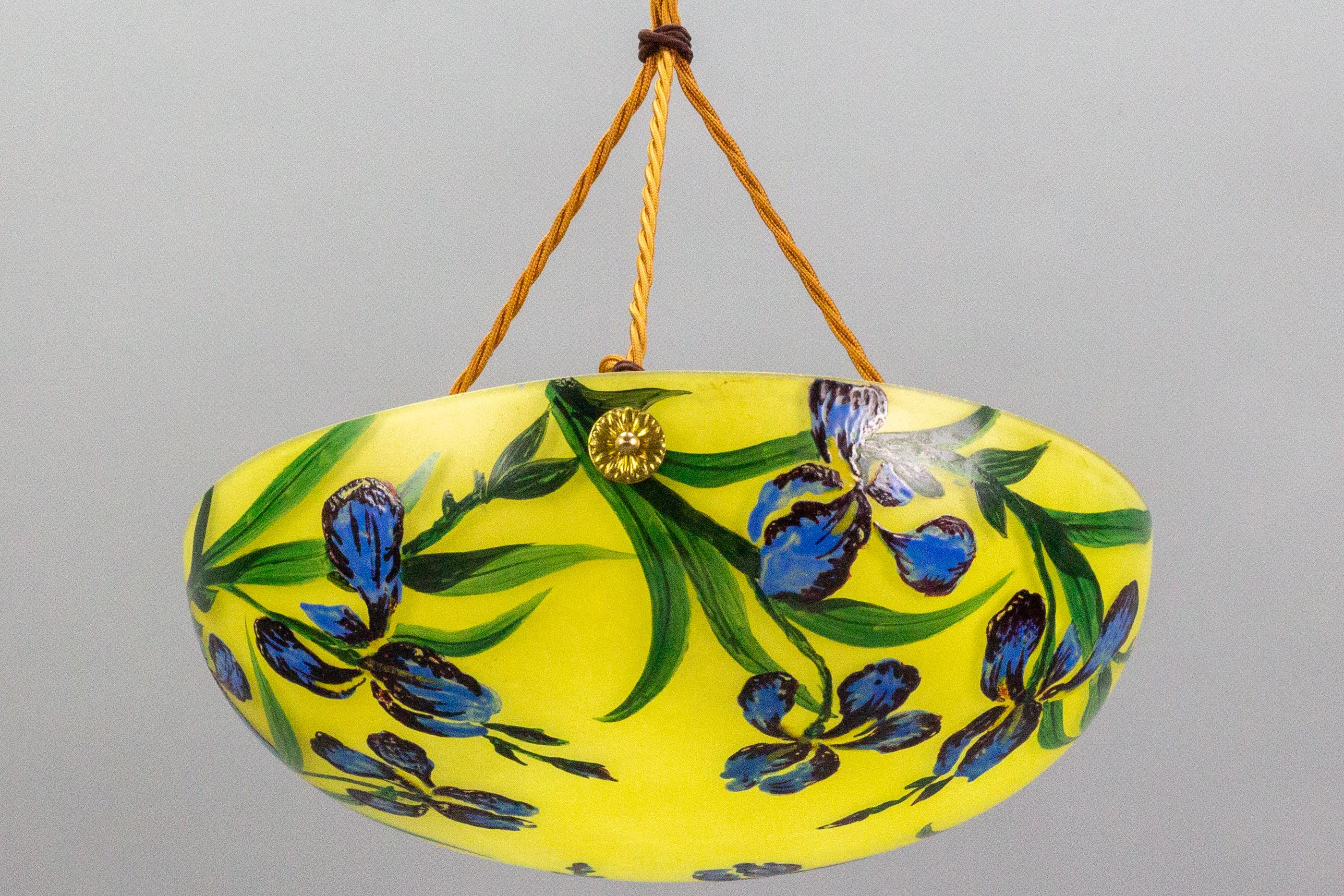 Art Nouveau Style Yellow Glass Pendant Light with Painted Blue Iris Flowers 6