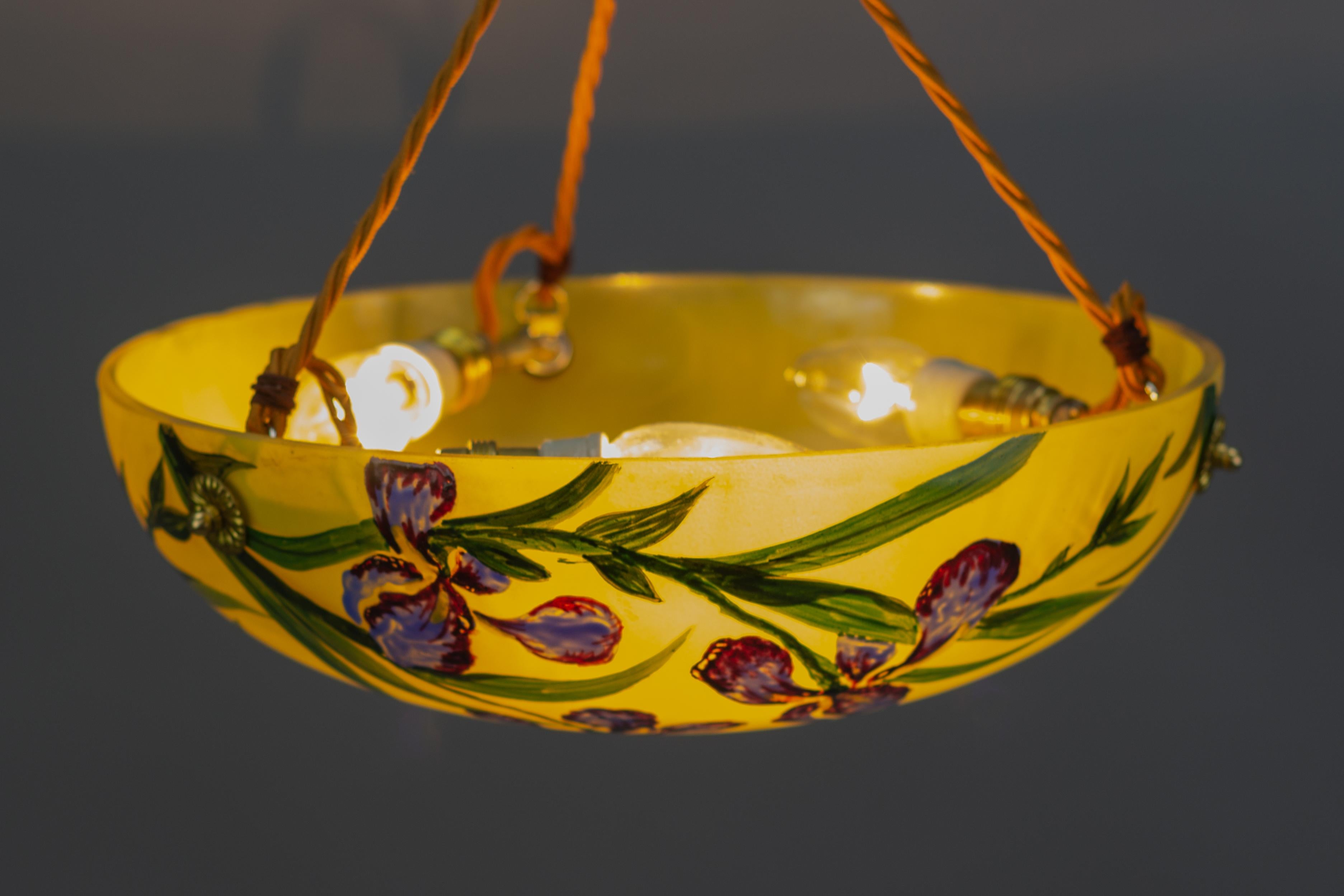 Art Nouveau Style Yellow Glass Pendant Light with Painted Blue Iris Flowers 7
