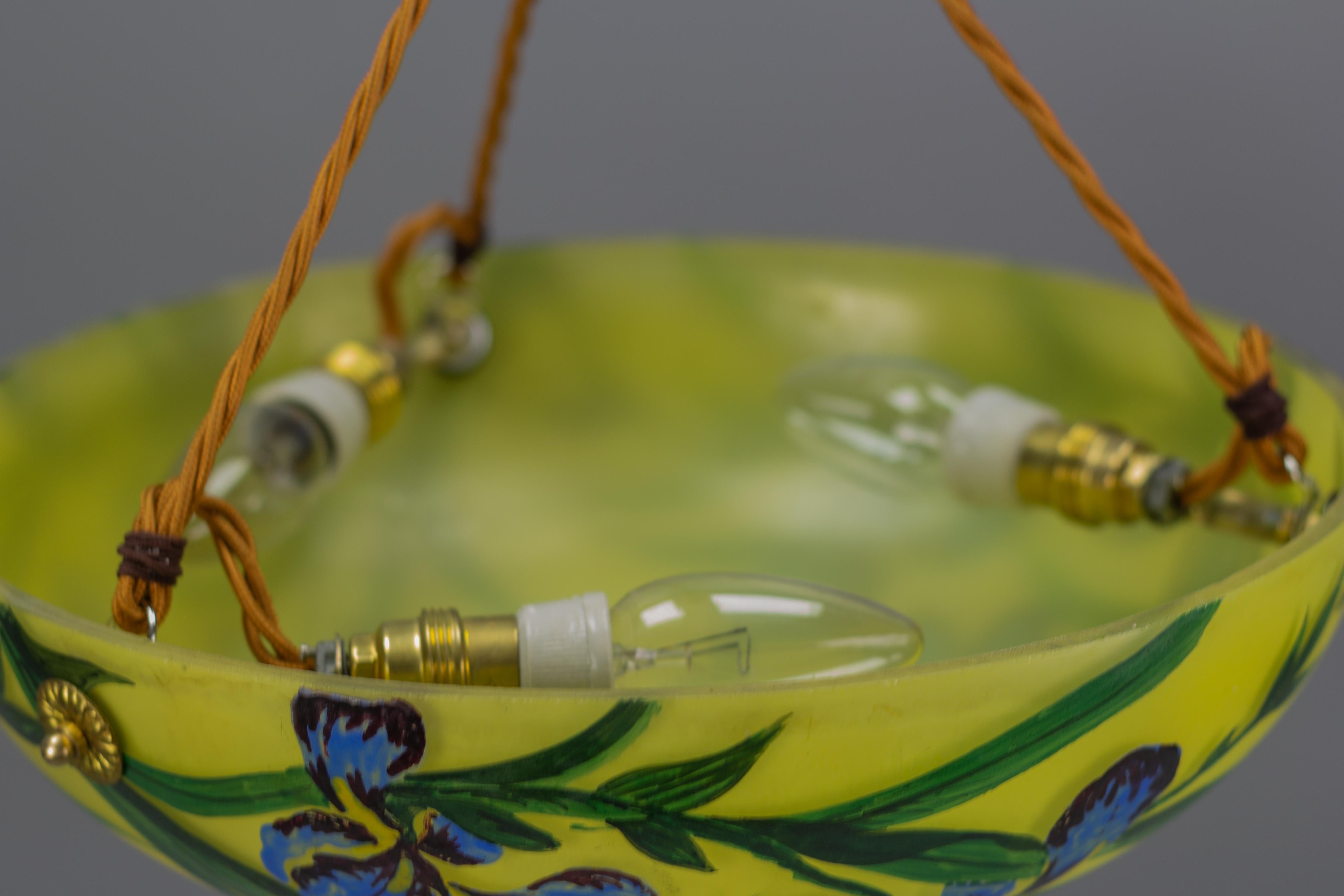 Art Nouveau Style Yellow Glass Pendant Light with Painted Blue Iris Flowers 8