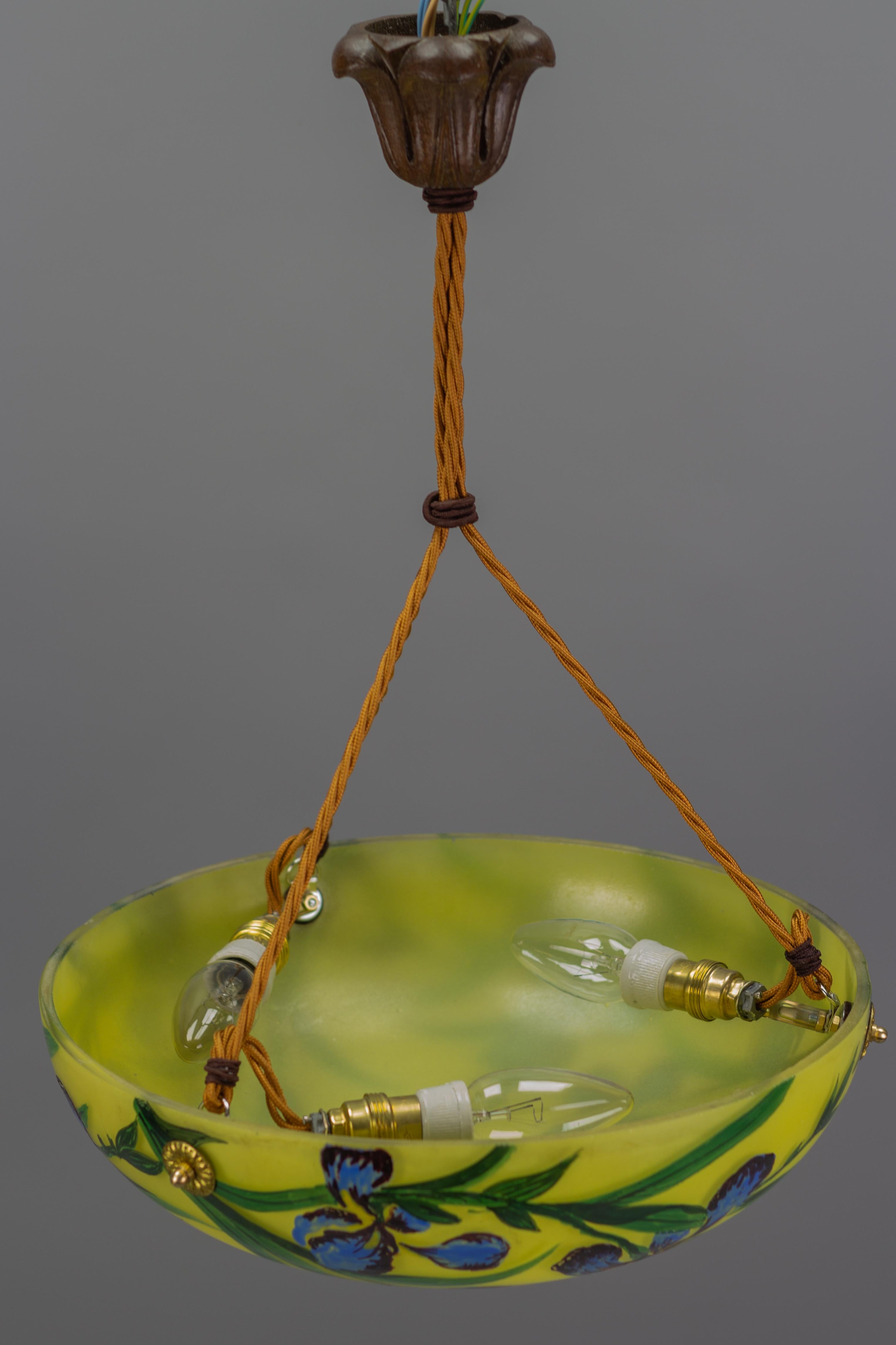 Art Nouveau Style Yellow Glass Pendant Light with Painted Blue Iris Flowers 9