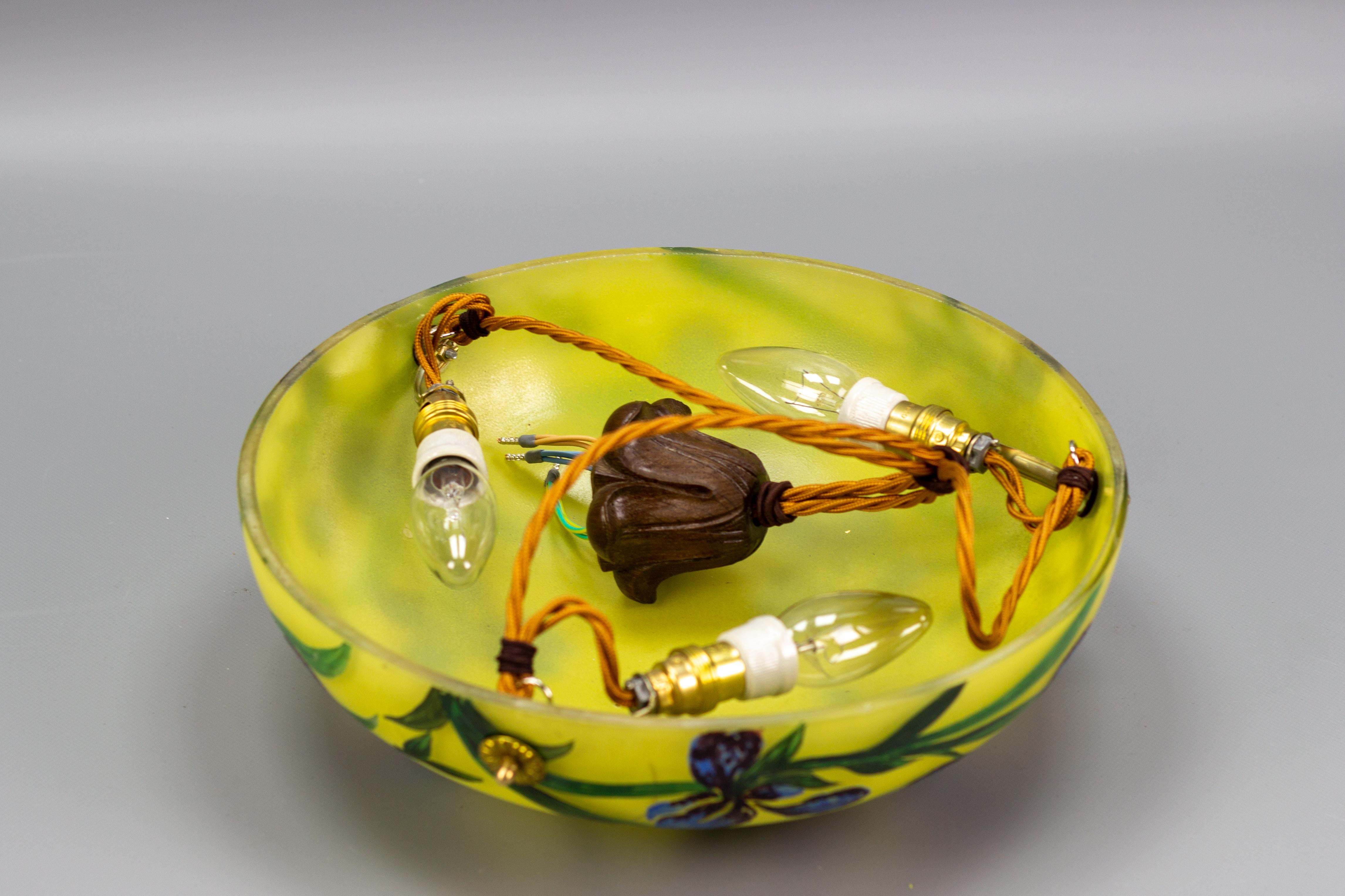 Art Nouveau Style Yellow Glass Pendant Light with Painted Blue Iris Flowers 10