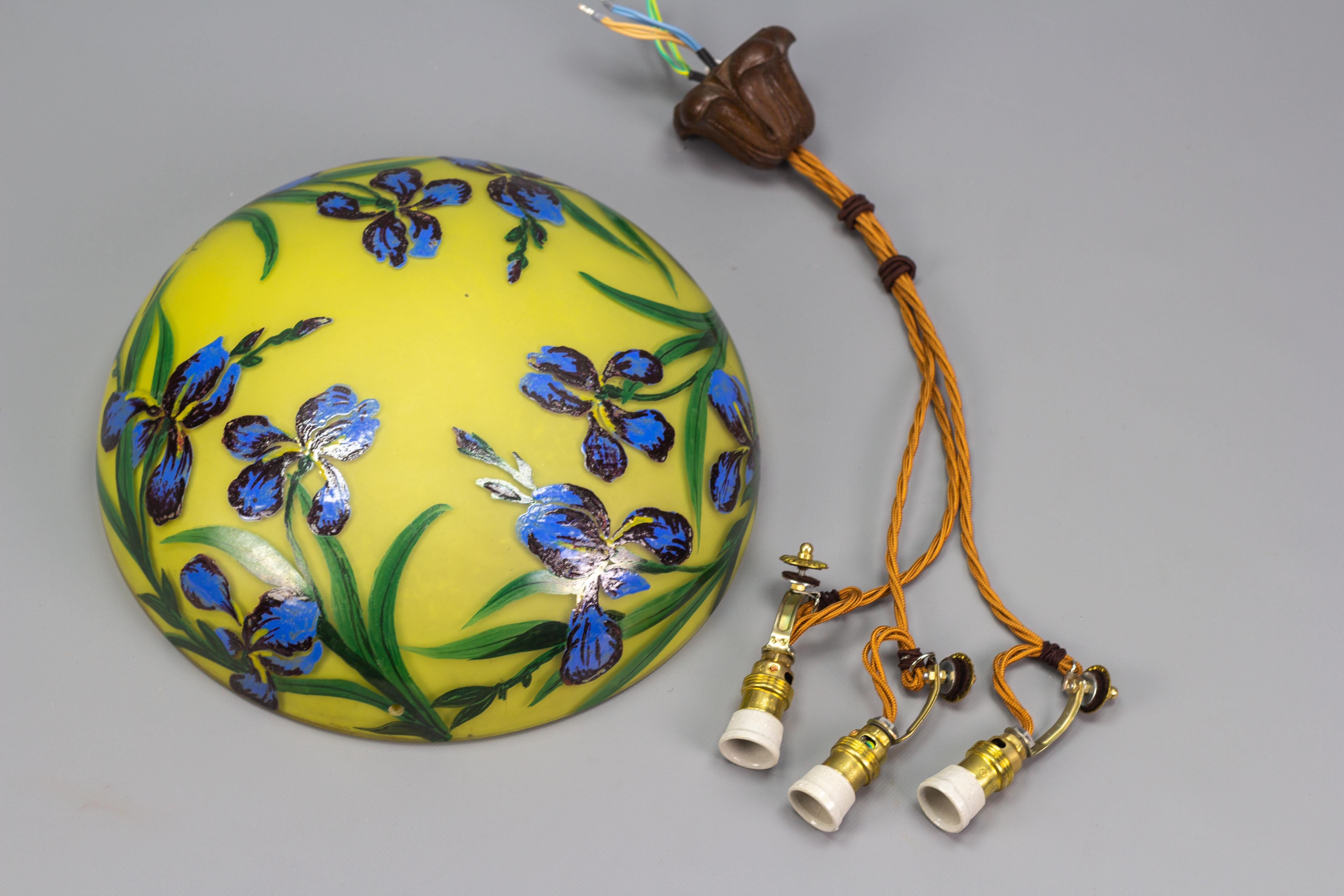 Art Nouveau Style Yellow Glass Pendant Light with Painted Blue Iris Flowers 12