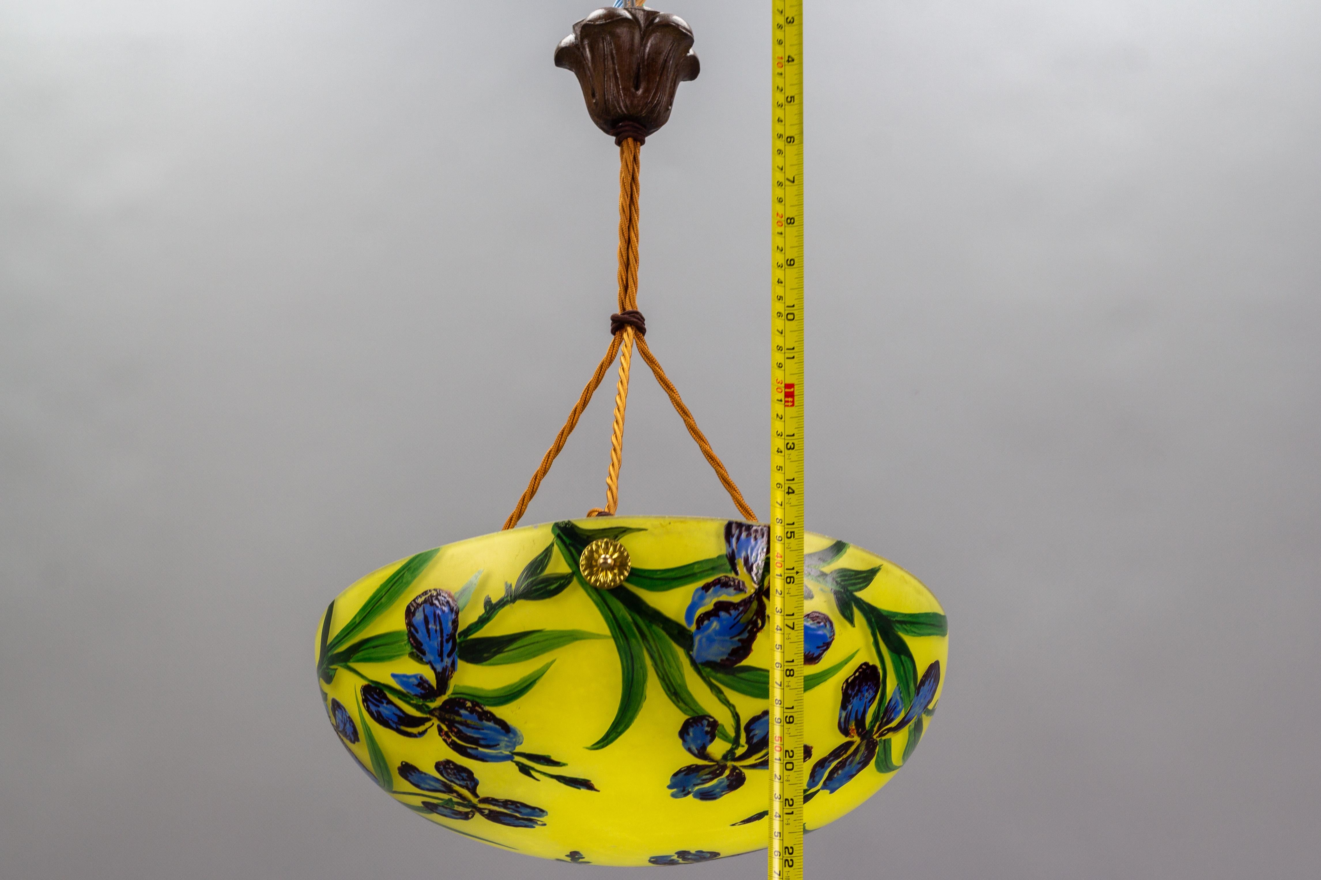 Art Nouveau Style Yellow Glass Pendant Light with Painted Blue Iris Flowers 13