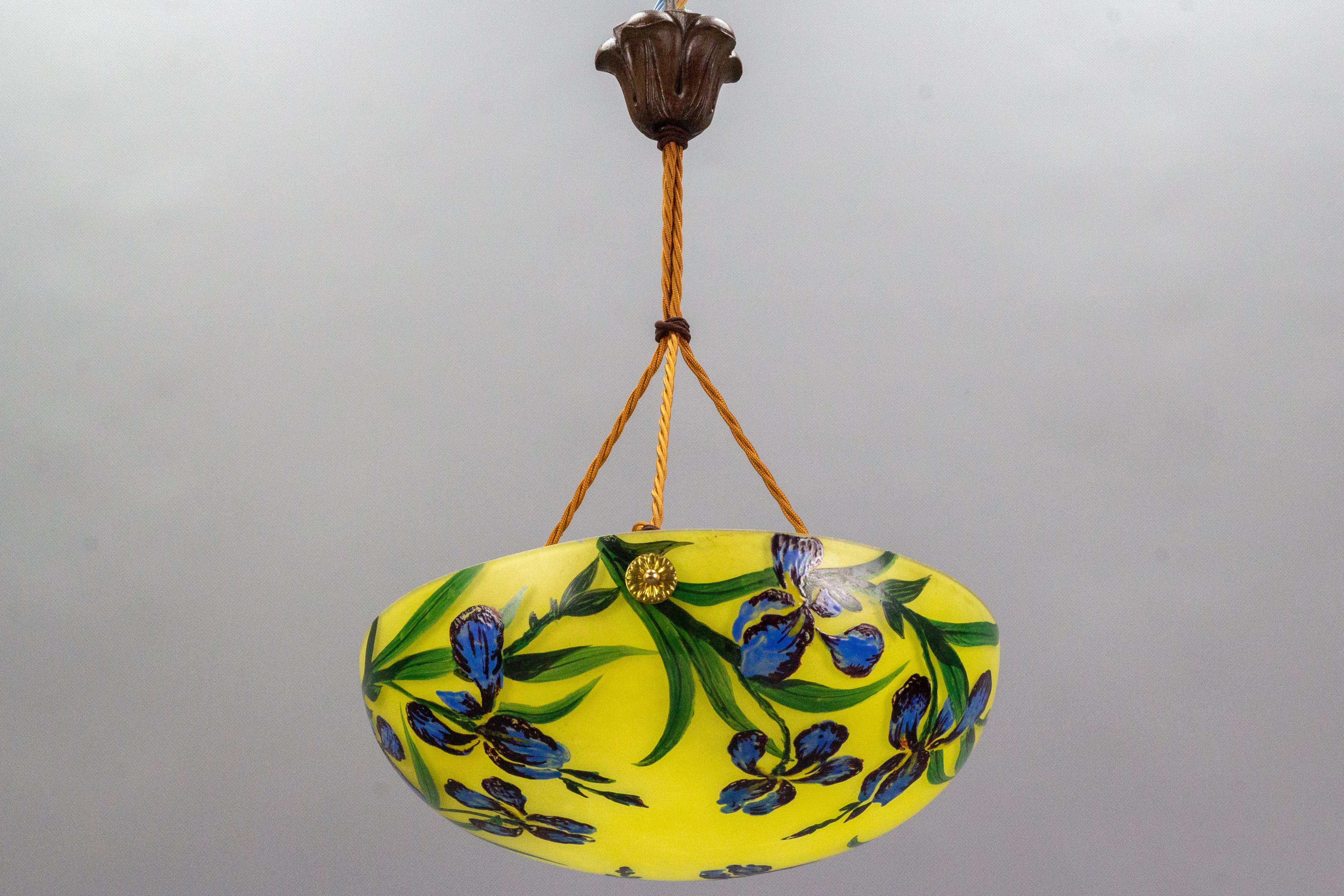 Art Nouveau Style Yellow Glass Pendant Light with Painted Blue Iris Flowers 14
