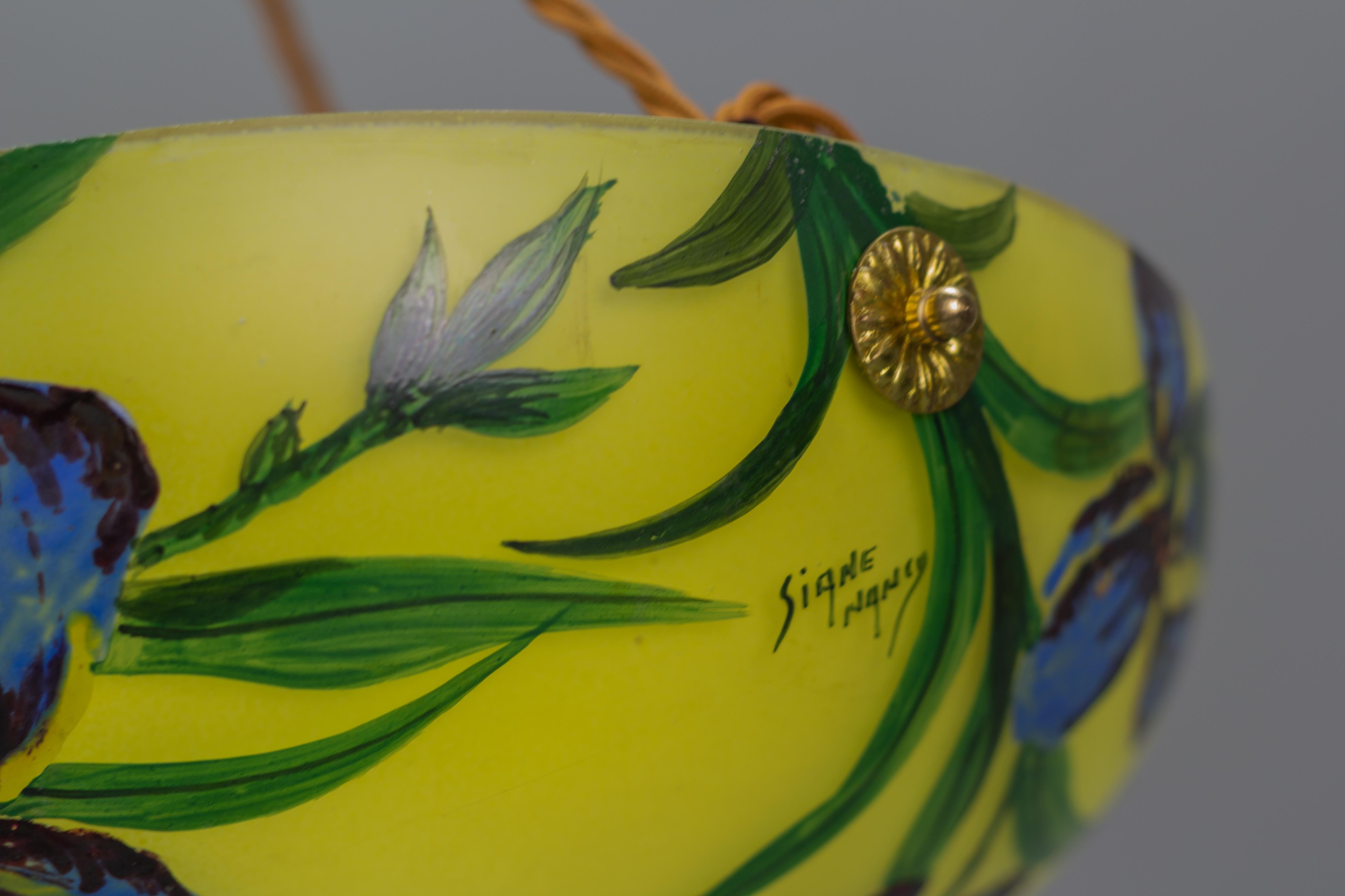Hand-Painted Art Nouveau Style Yellow Glass Pendant Light with Painted Blue Iris Flowers