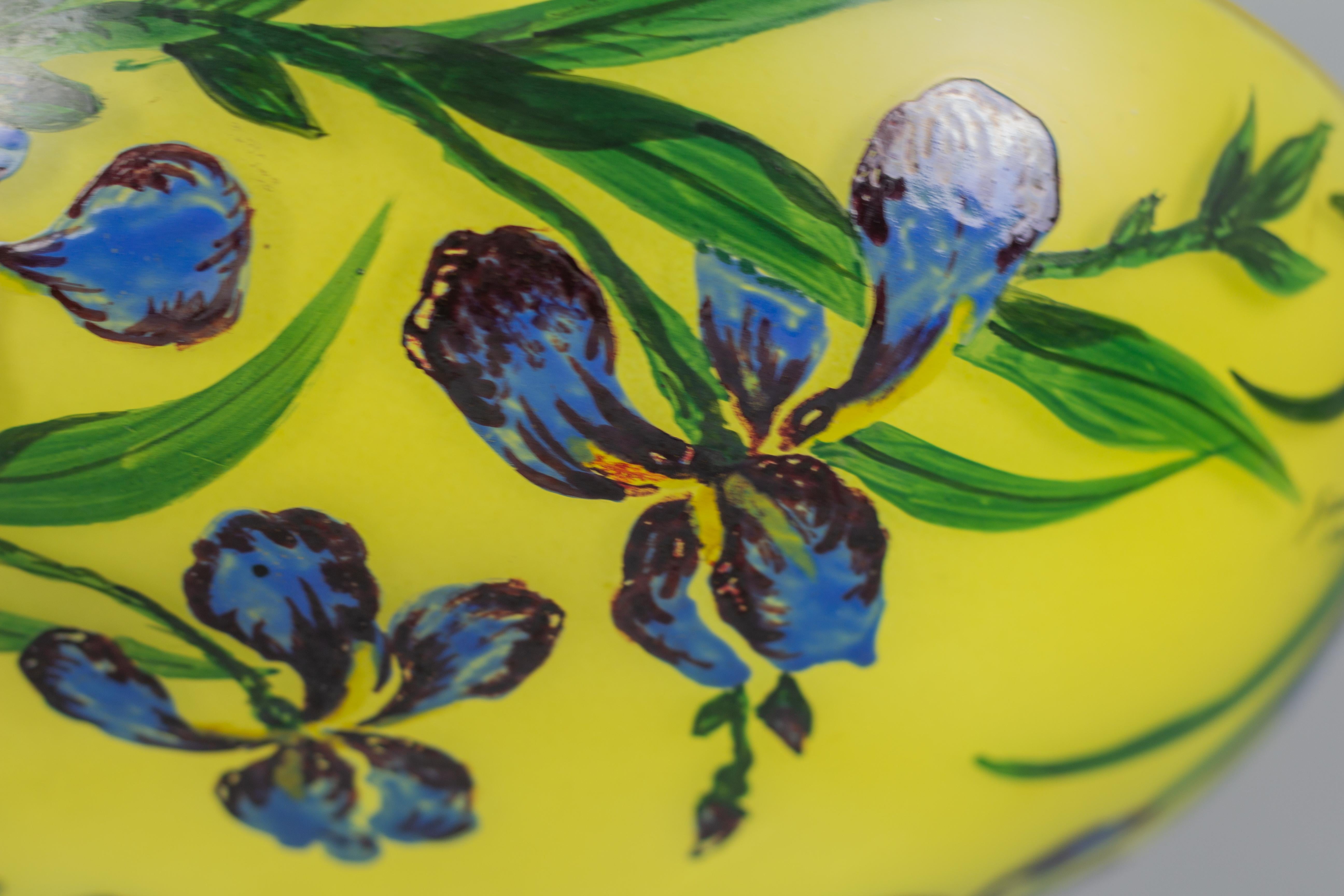 Art Nouveau Style Yellow Glass Pendant Light with Painted Blue Iris Flowers In Good Condition In Barntrup, DE