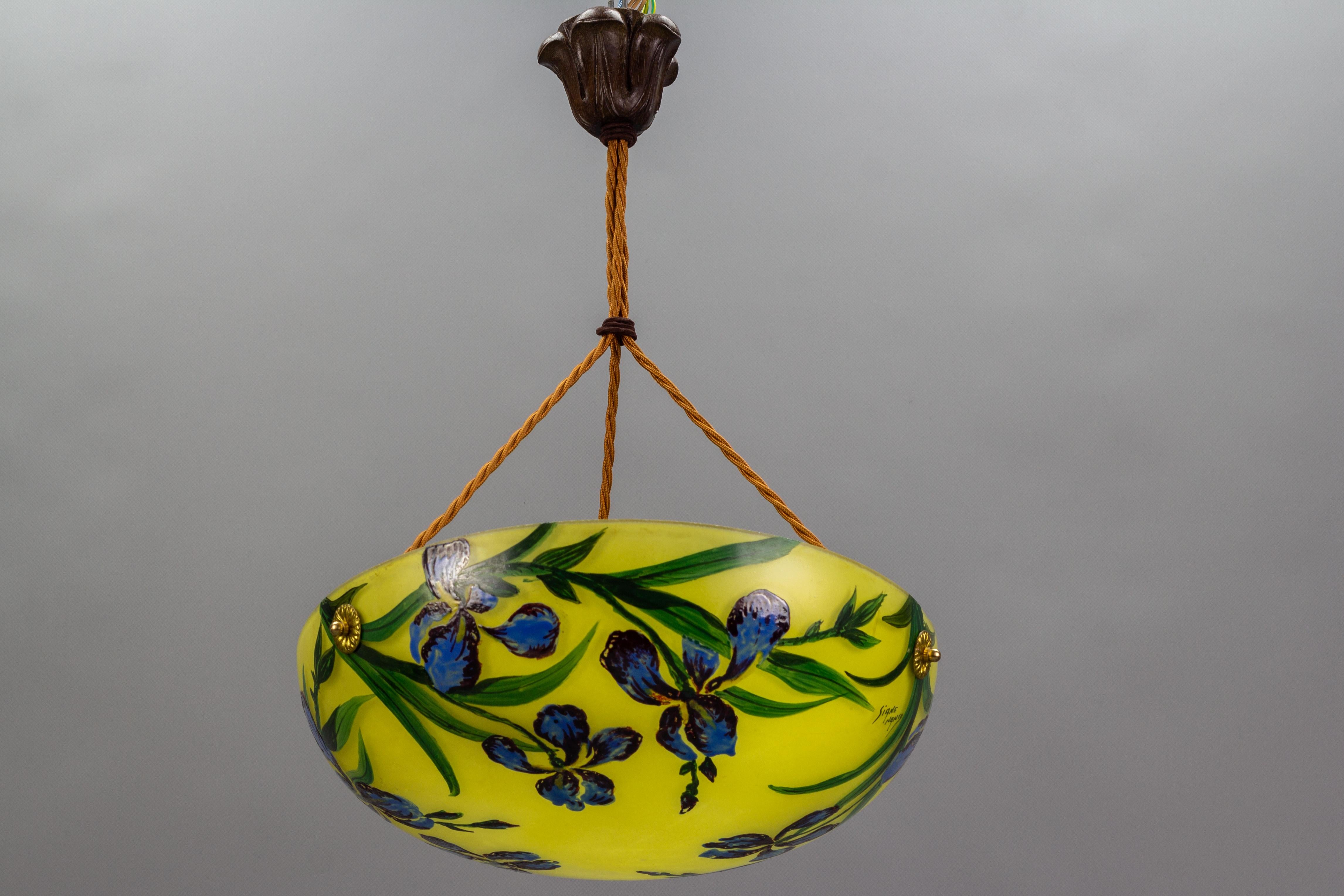 Mid-20th Century Art Nouveau Style Yellow Glass Pendant Light with Painted Blue Iris Flowers