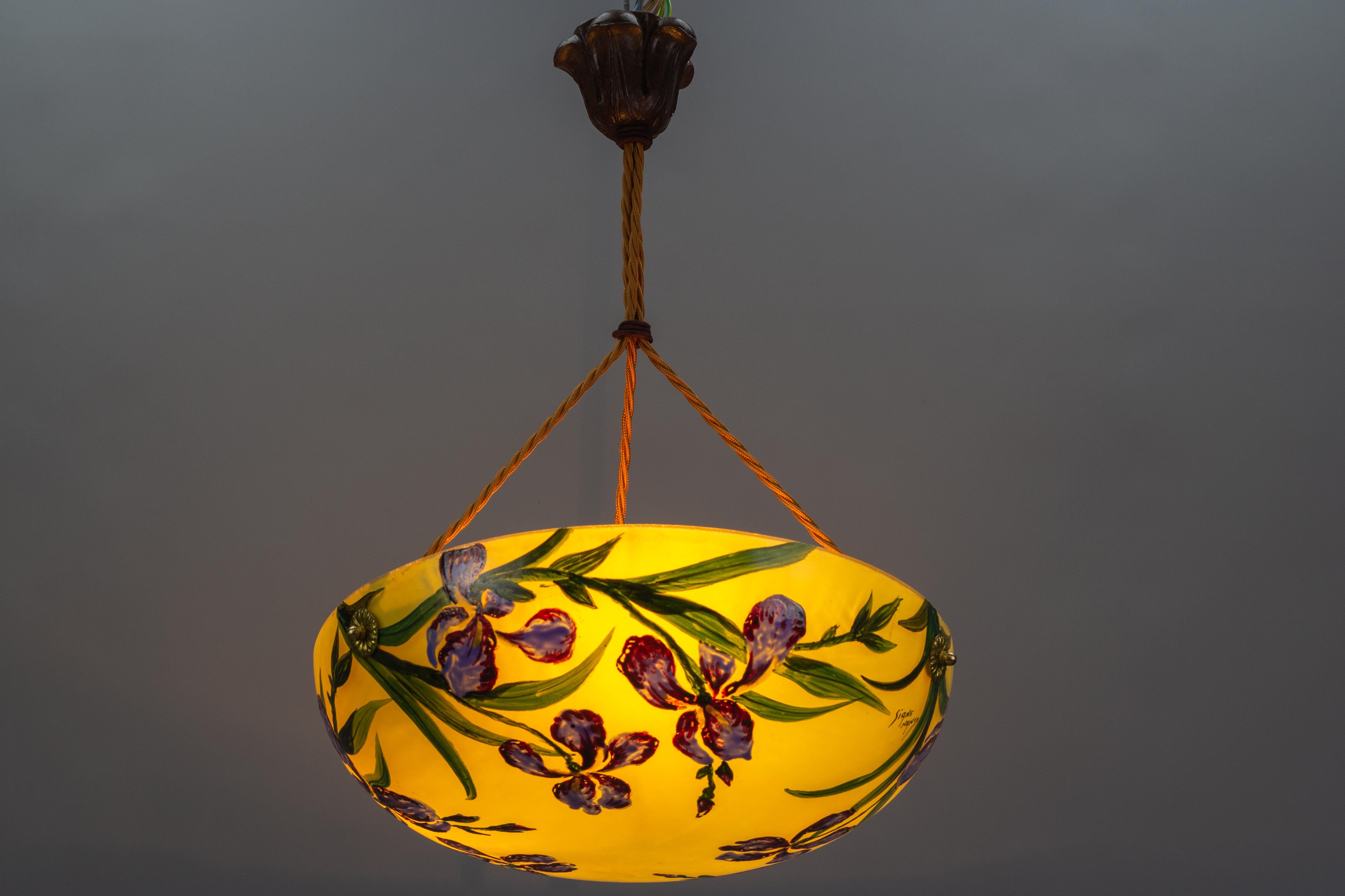 Art Nouveau Style Yellow Glass Pendant Light with Painted Blue Iris Flowers 1