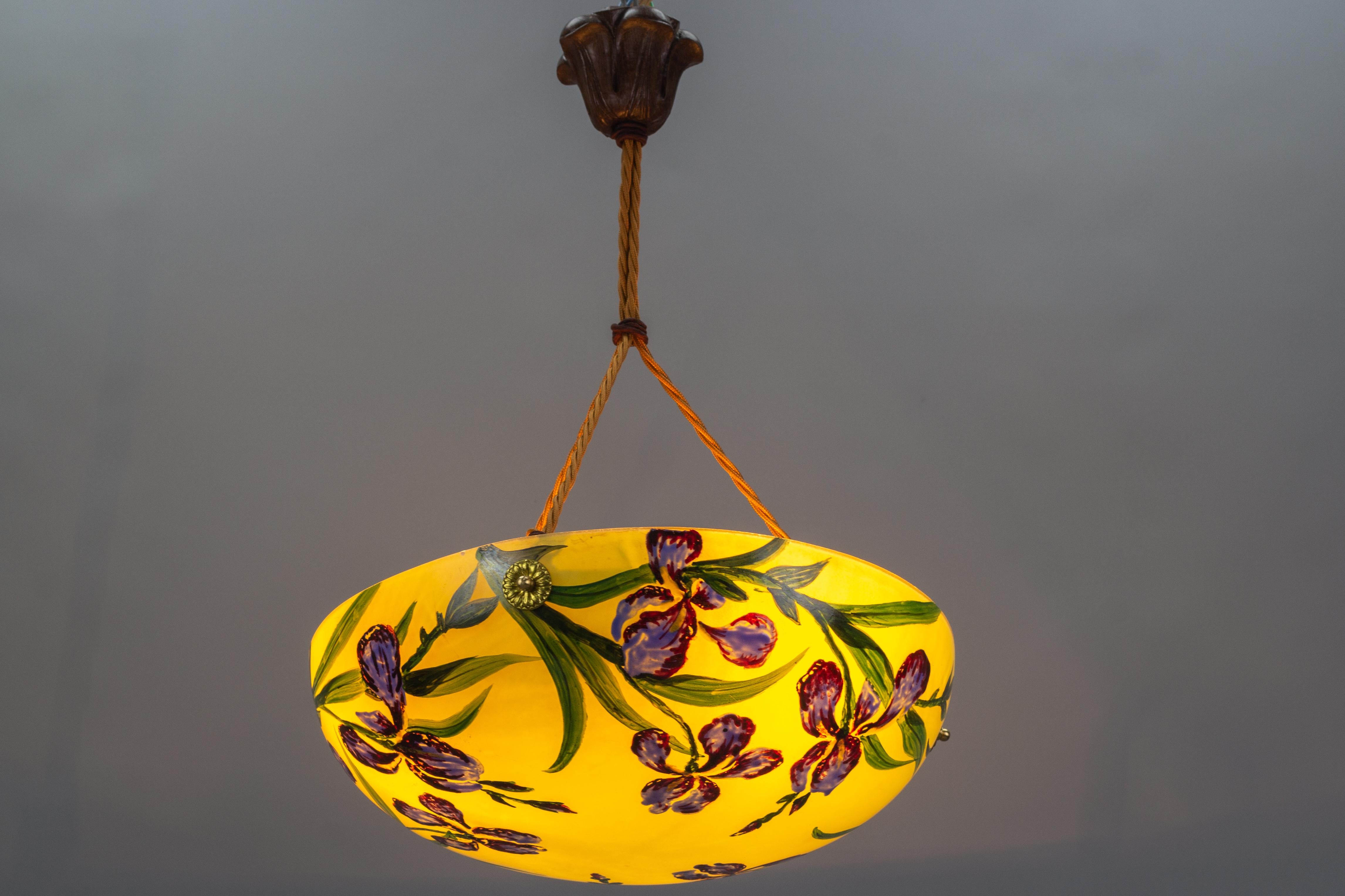 Art Nouveau Style Yellow Glass Pendant Light with Painted Blue Iris Flowers 2
