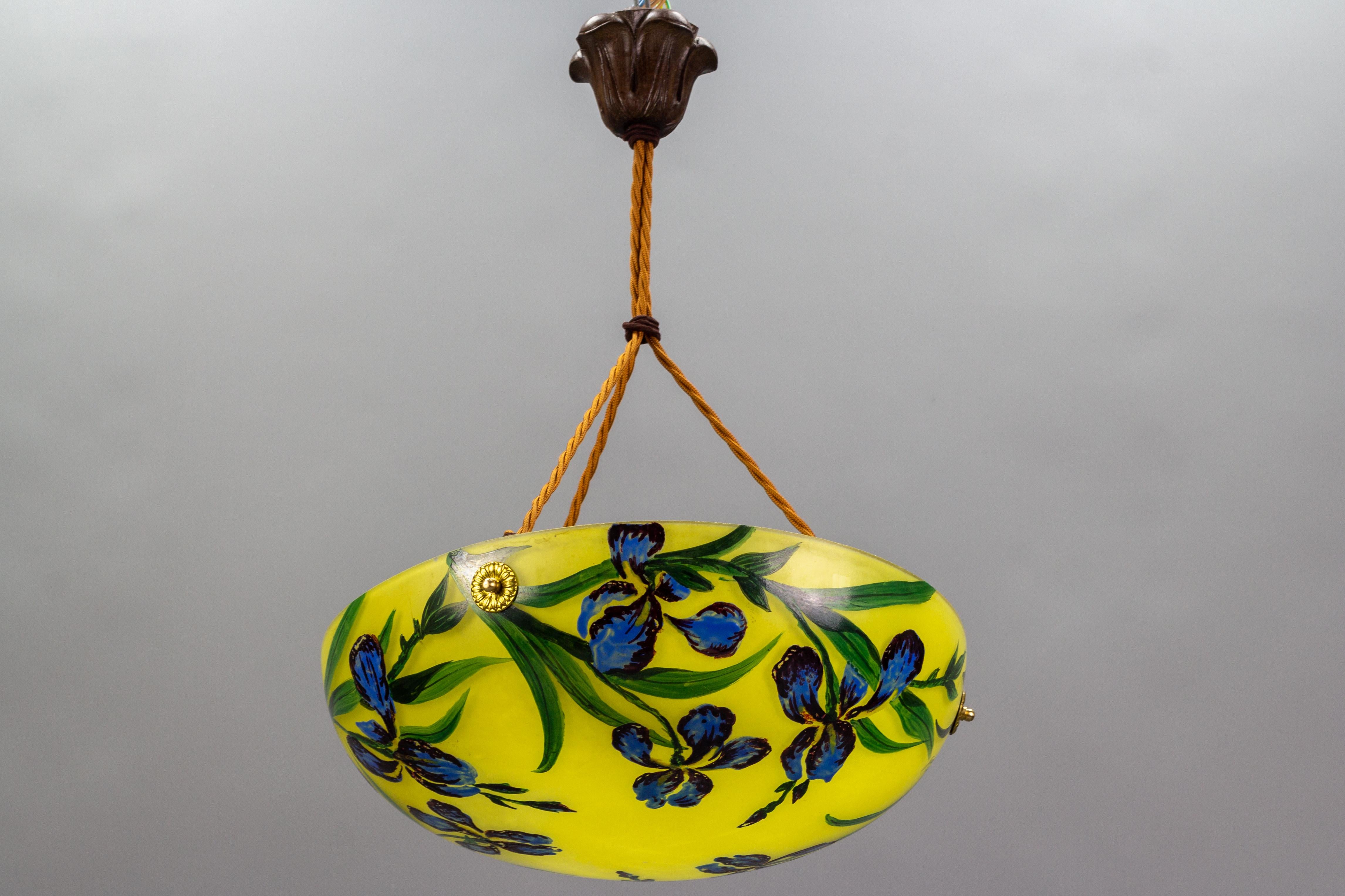 Art Nouveau Style Yellow Glass Pendant Light with Painted Blue Iris Flowers 3