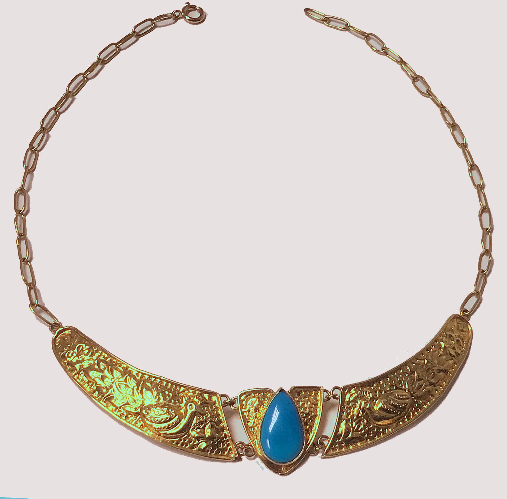 Art Nouveau Style Yellow Gold and Turquoise Necklace In Good Condition In Toronto, ON