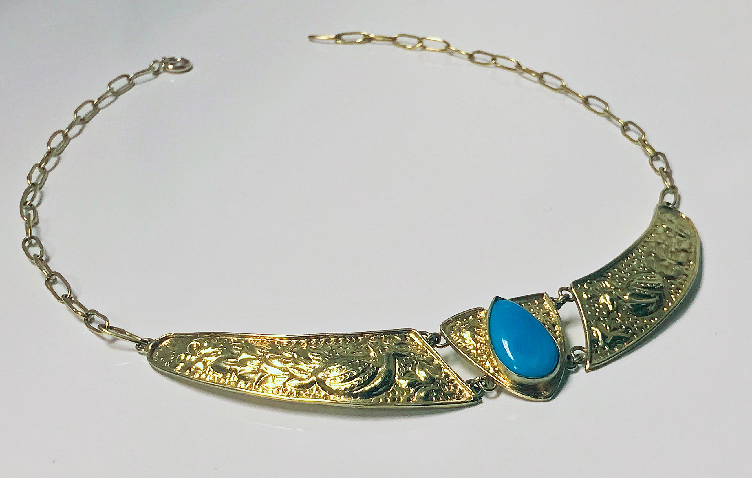 Women's Art Nouveau Style Yellow Gold and Turquoise Necklace