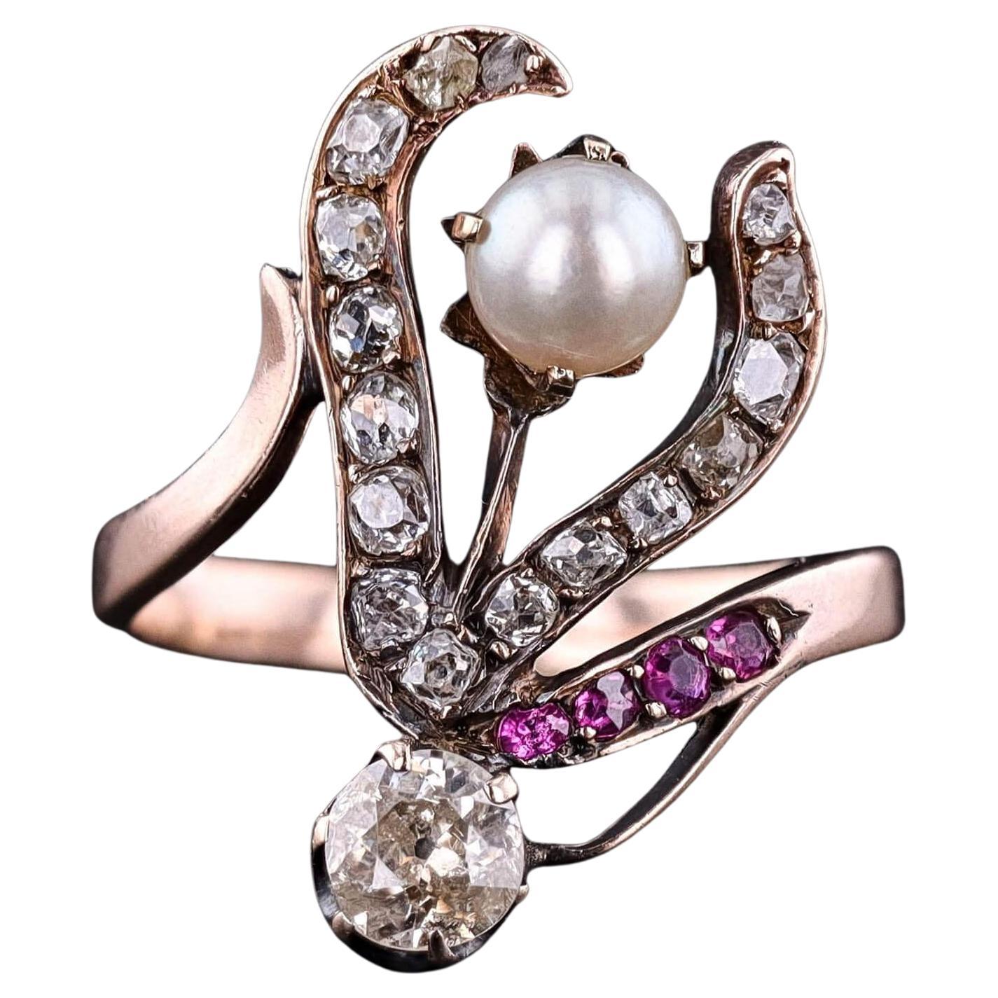 Bague Art Nouveau en or rose 10k avec fleur stylisée en vente