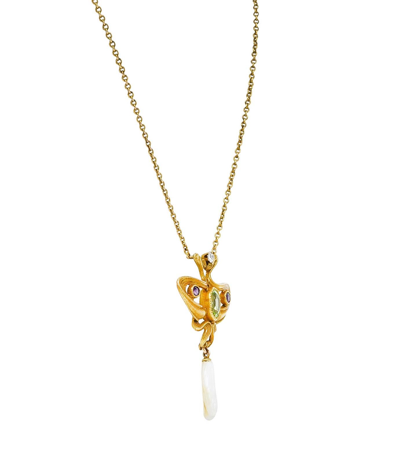 Oval Cut Art Nouveau Suffragette Diamond Amethyst Peridot Pearl 14 Karat Gold Necklace
