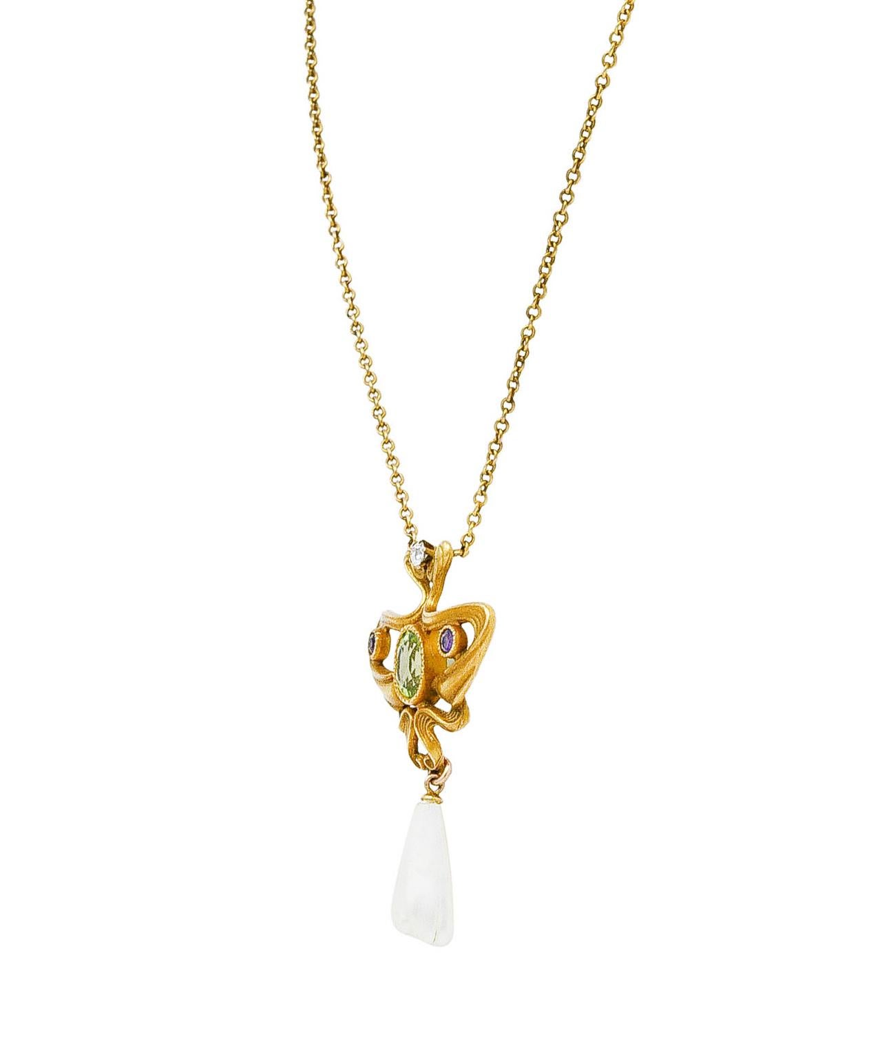 Art Nouveau Suffragette Diamond Amethyst Peridot Pearl 14 Karat Gold Necklace In Excellent Condition In Philadelphia, PA