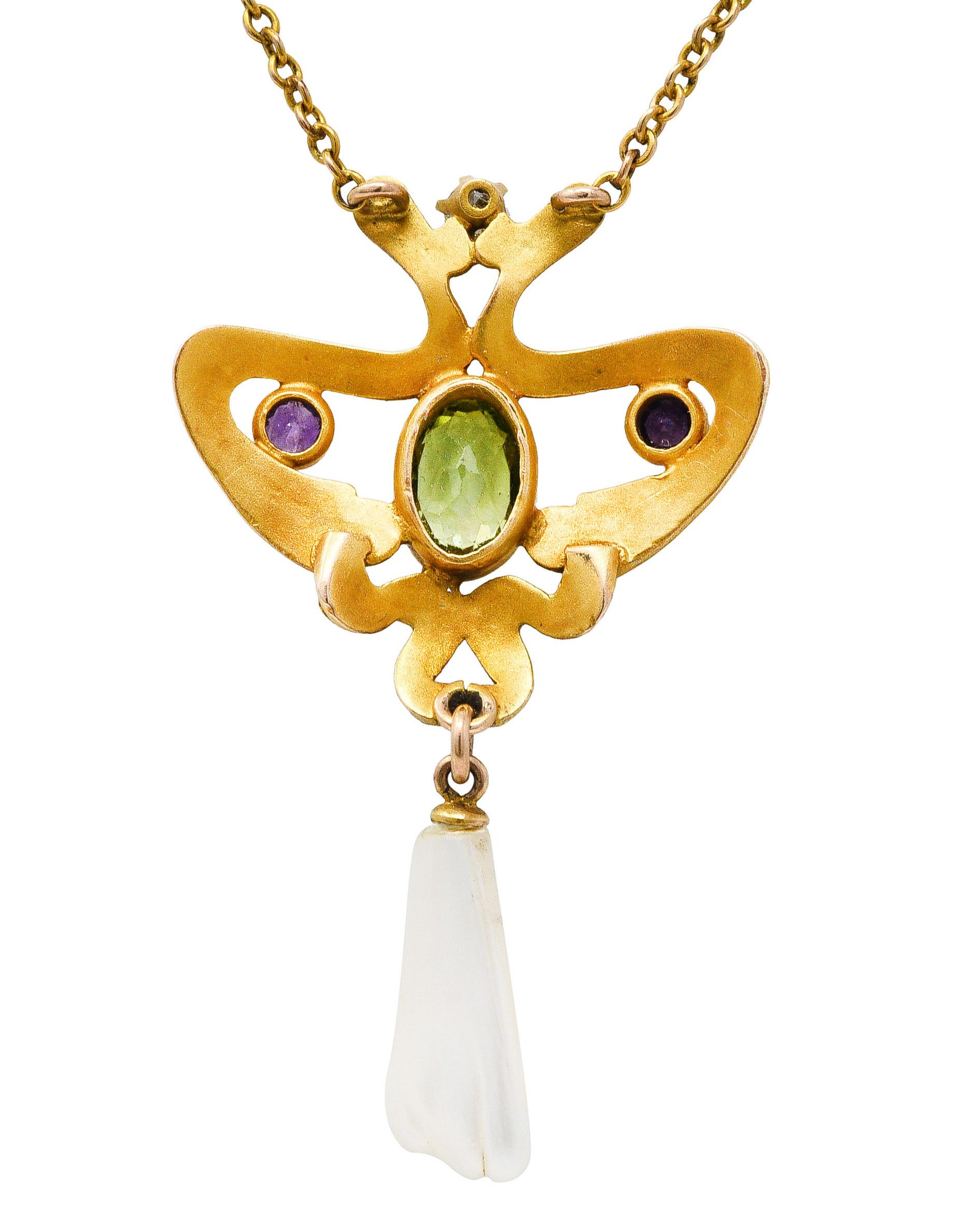 Art Nouveau Suffragette Diamond Amethyst Peridot Pearl 14 Karat Gold Necklace 2