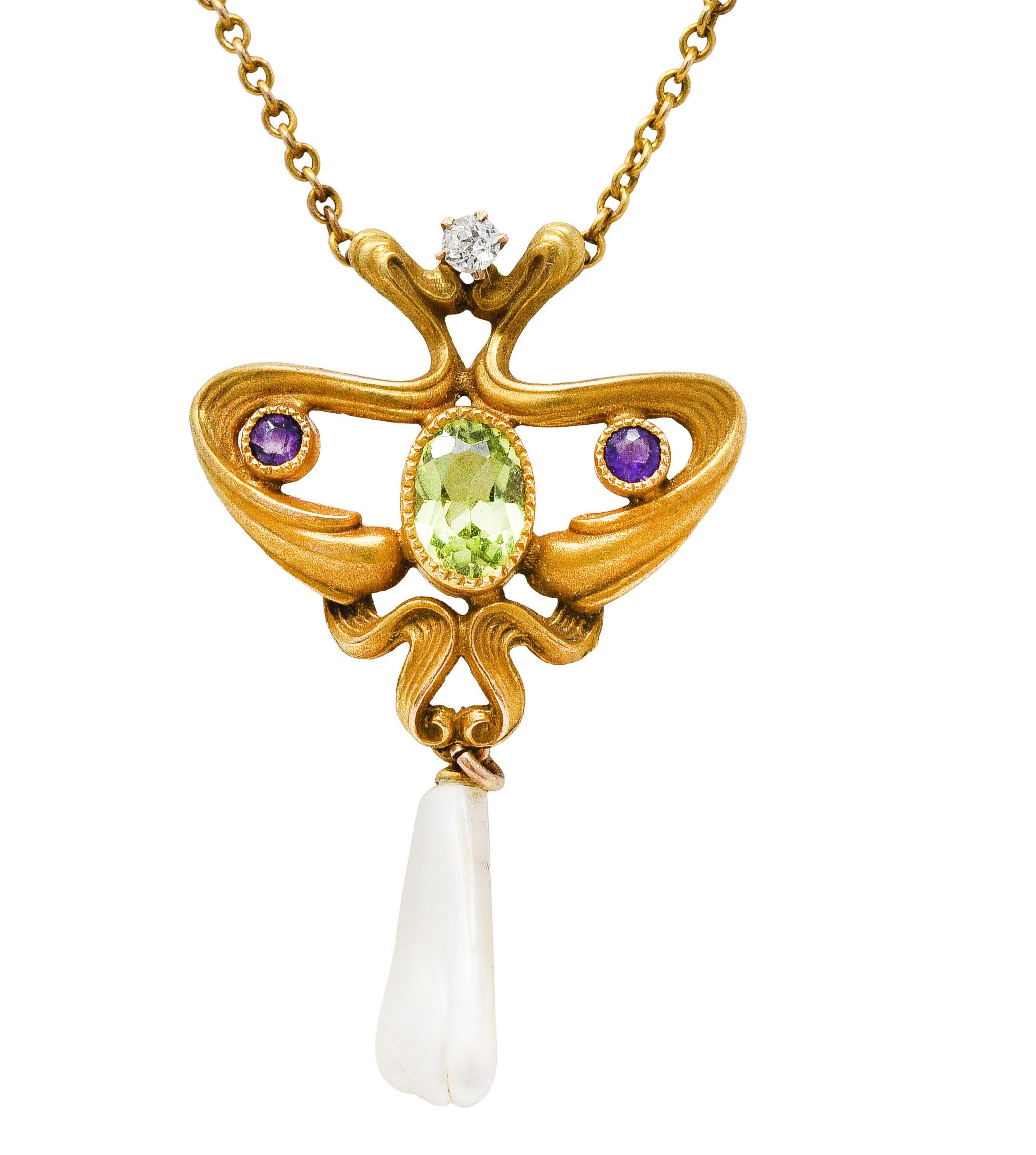 Art Nouveau Suffragette Diamond Amethyst Peridot Pearl 14 Karat Gold Necklace 3