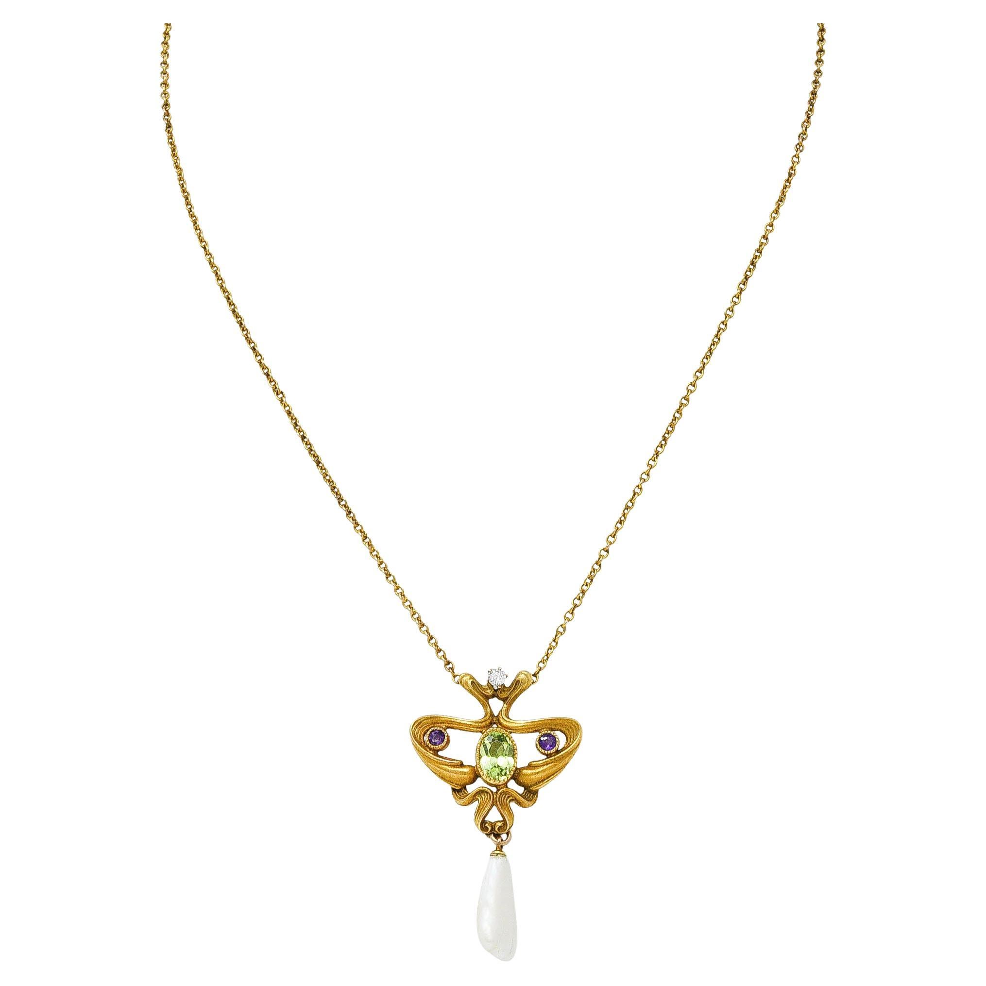 Art Nouveau Suffragette Diamond Amethyst Peridot Pearl 14 Karat Gold Necklace