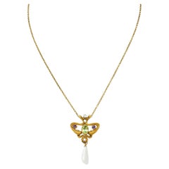 Art Nouveau Suffragette Diamond Amethyst Peridot Pearl 14 Karat Gold Necklace