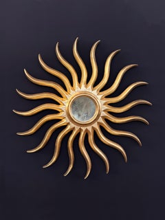 Art Nouveau Sunburst Mirror, Hand-Carved Giltwood, Gold Leaf, Spain, 120 Cm