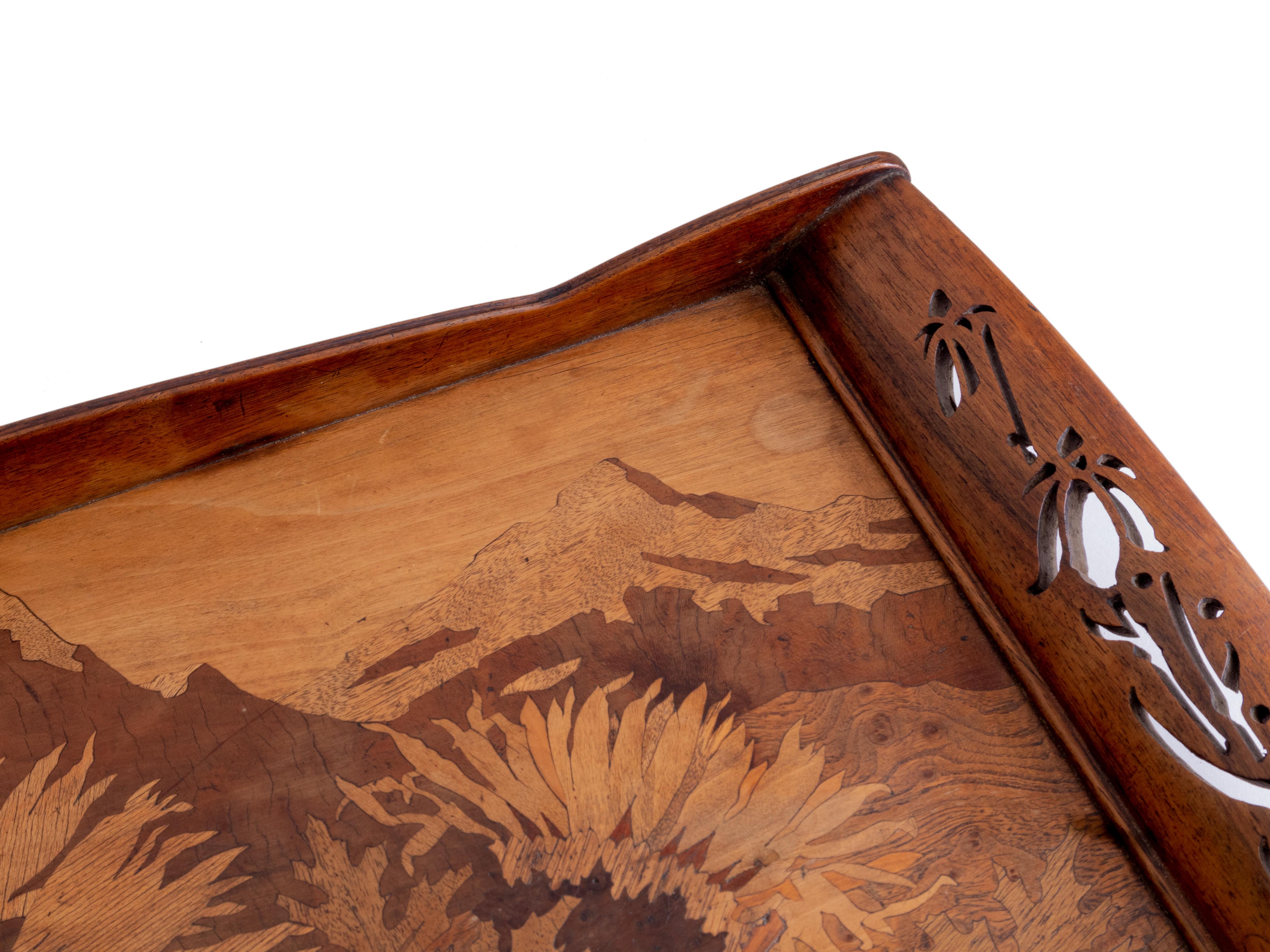 Inlay Art Nouveau Sunflower Tray by Gallé, 20th Century For Sale