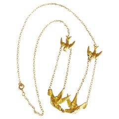 Art Nouveau Swallows Necklace, Edwardian 18k Gold Love Birds Necklace