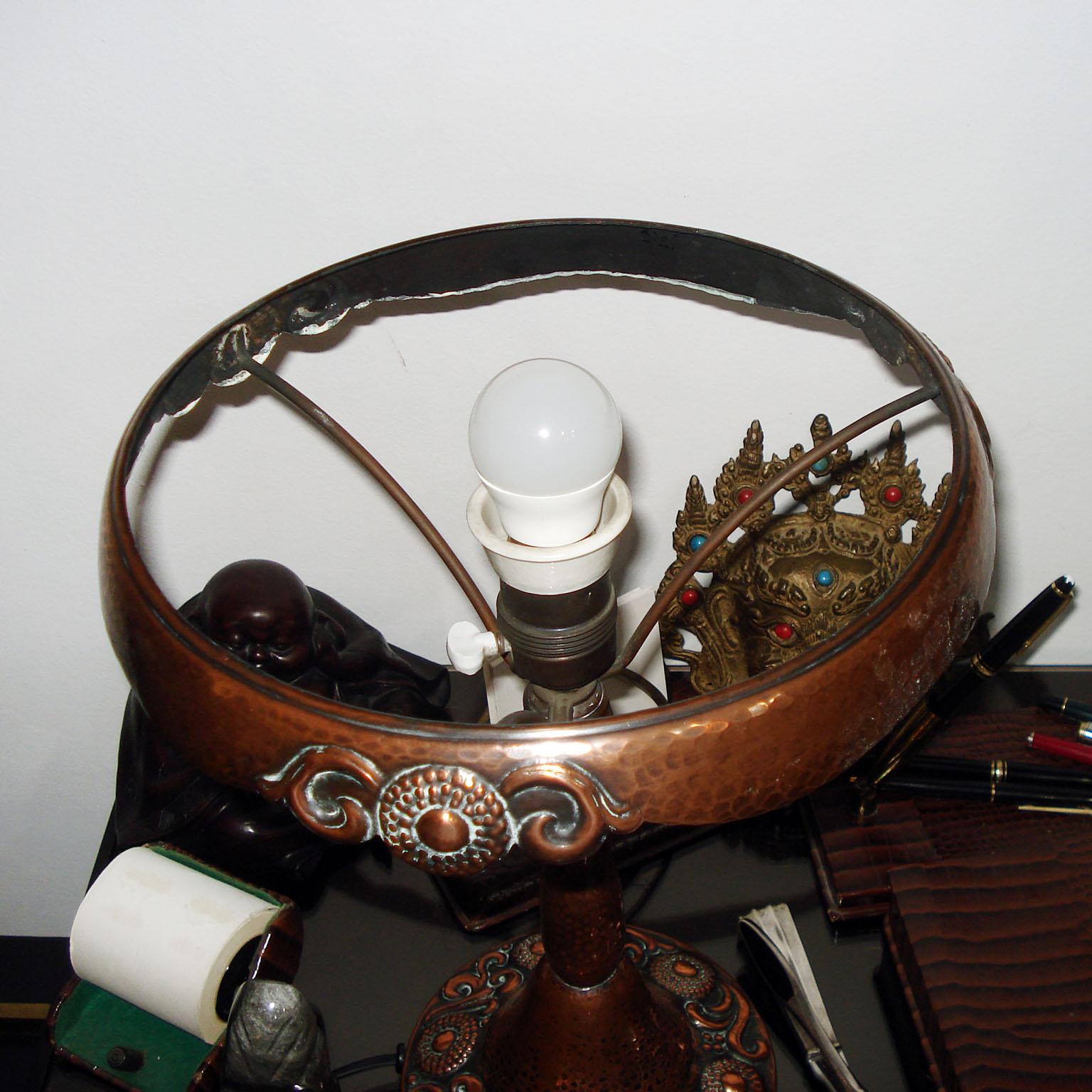 Blown Glass Art Nouveau Swedish Strindberg Hammered Copper Lamp